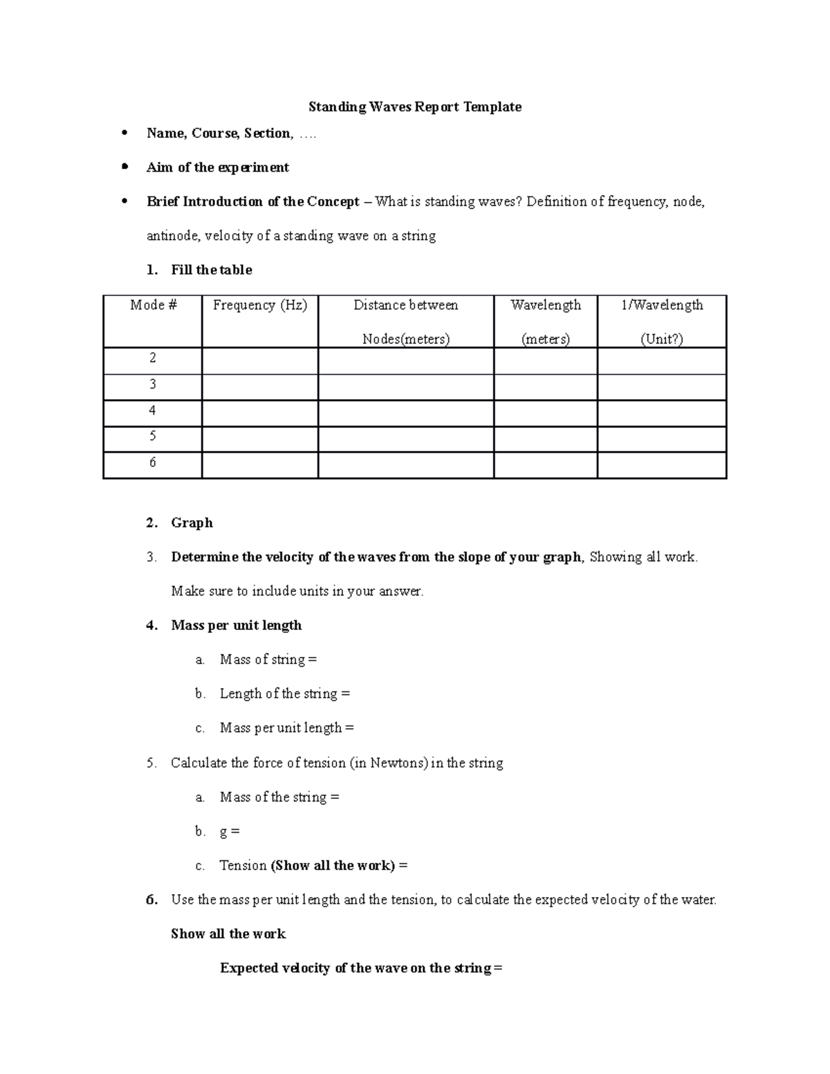 Standing Waves Report Template - ... Aim of the experiment Brief ...