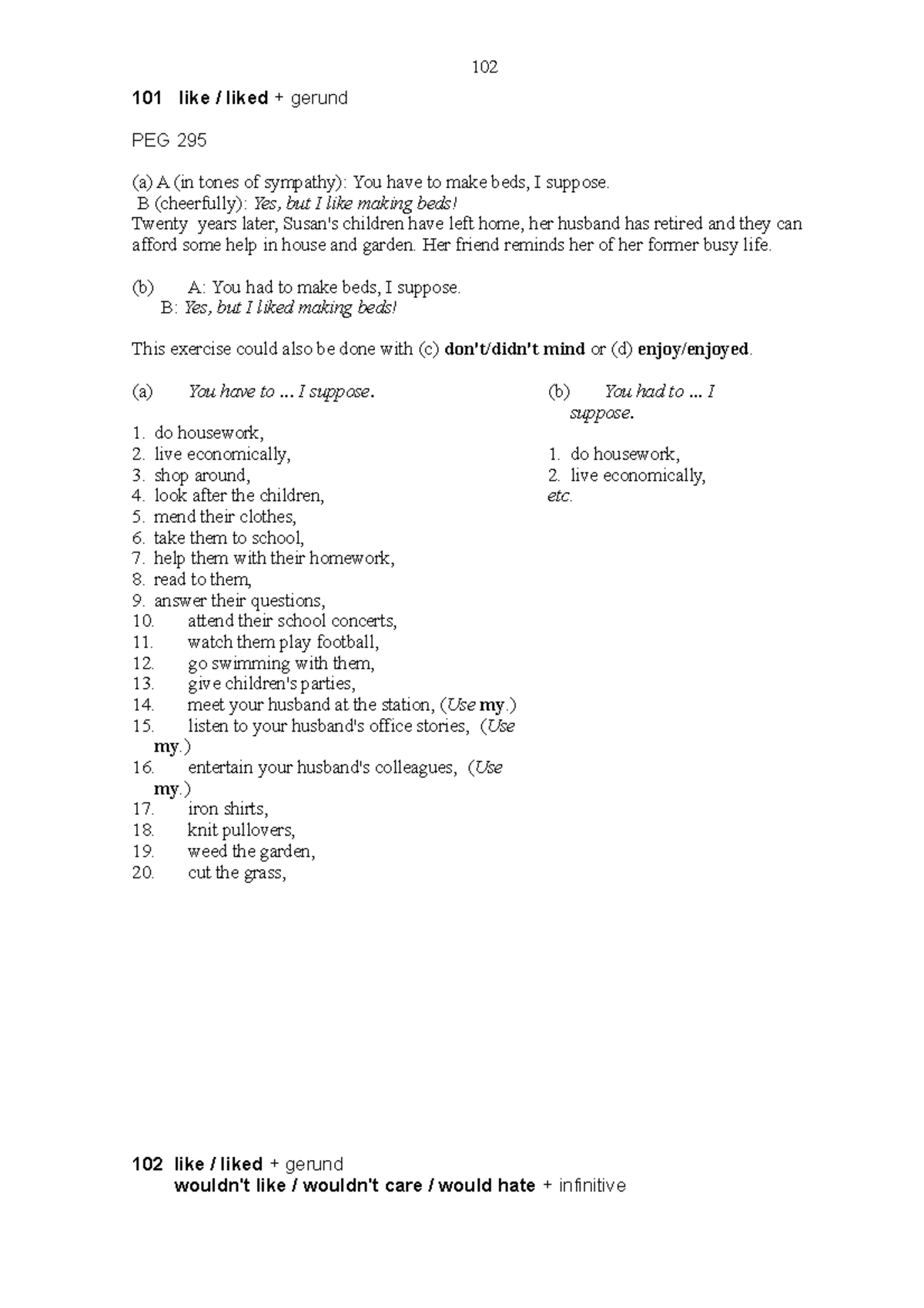 4.2. Structure Drills 2 101 like / liked + gerund PEG 295 (a) A (in