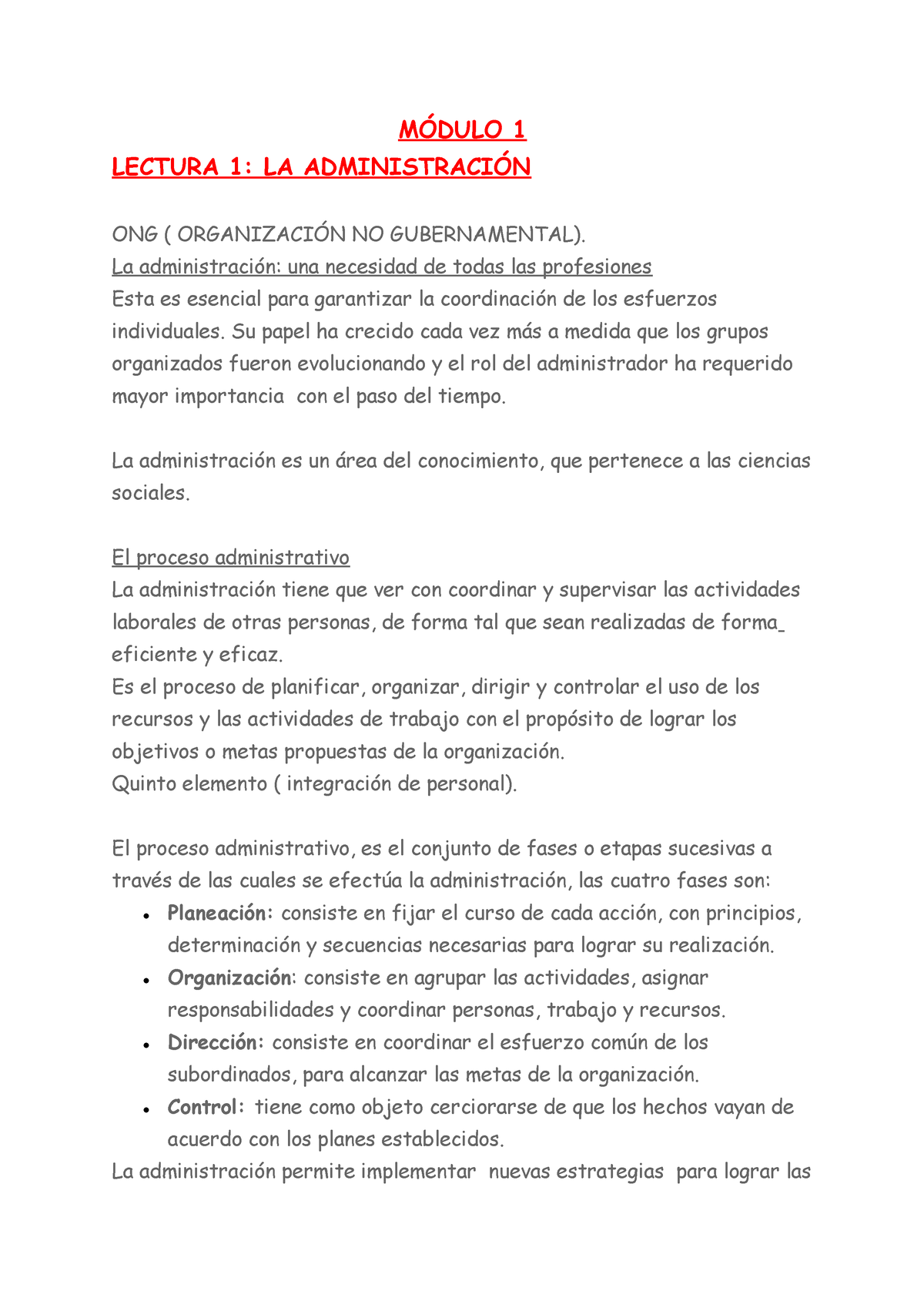 Modulo 1 Y 2 Administracion - MÓDULO 1 LECTURA 1: LA ADMINISTRACIÓN ONG ...