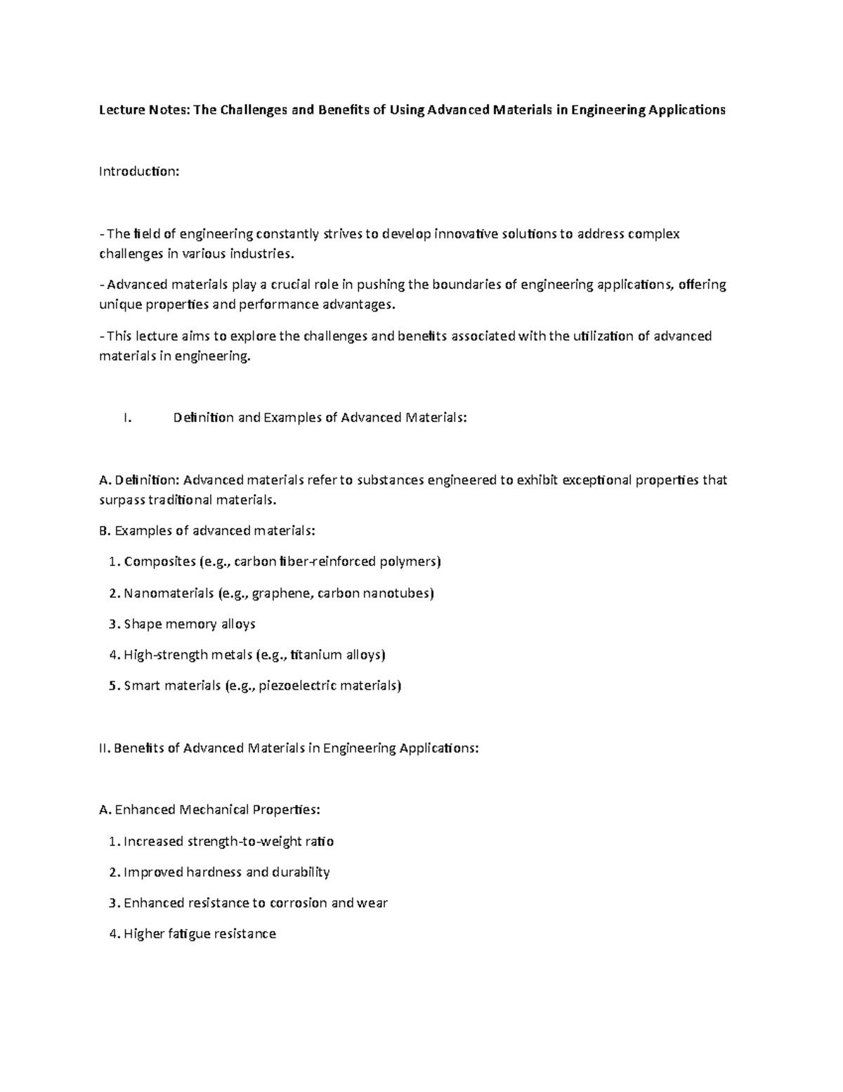Lecture Notes: The Challenges and Benefits of Using Advanced Materials ...