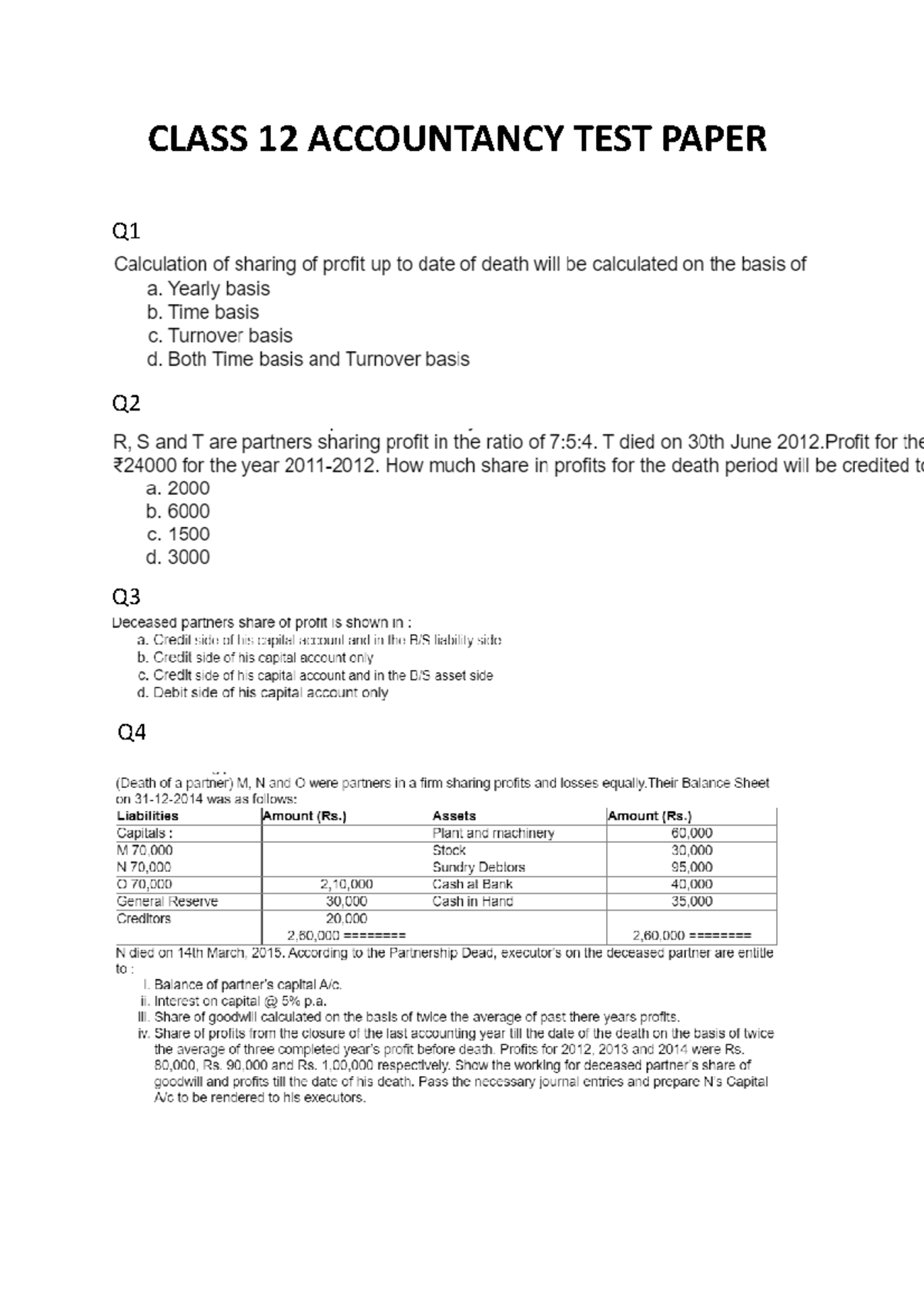 Class 12 Accountancy TEST Paper Chartered Accountancy CLASS 12