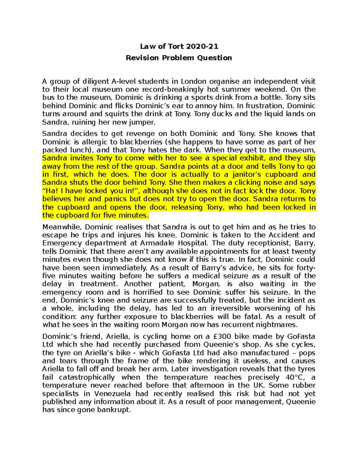 Revision Tutorial Problem Question Tort Law Of Tort 2020 Revision