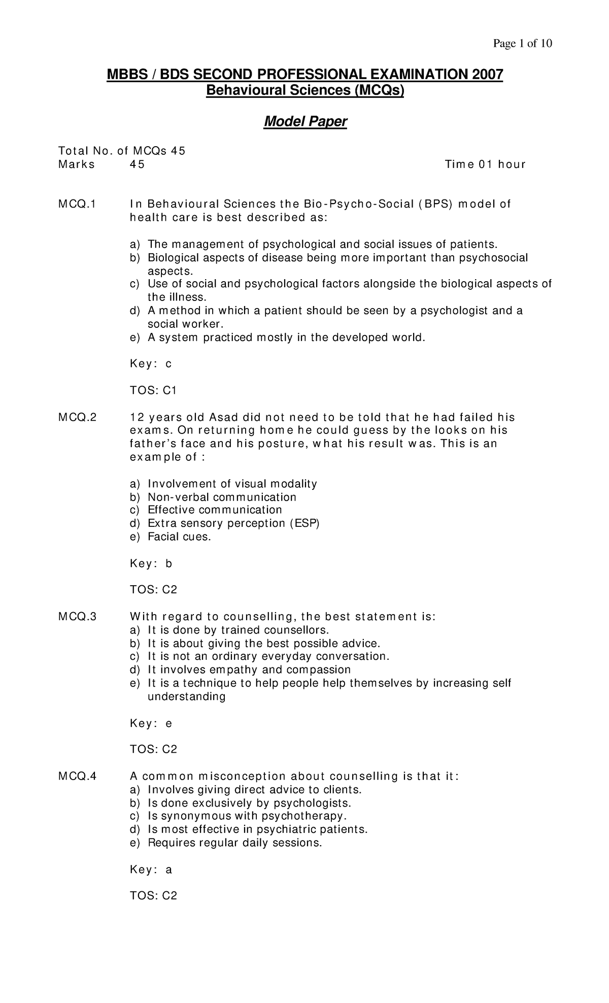 Behavioural Sciences MCQ - MBBS / BDS SECOND PROFESSIONAL EXAMINATION ...