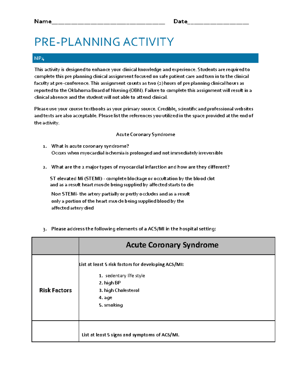 #1 Pre Plan NP4 ACS - Pre-plan for each clinical week. - Name