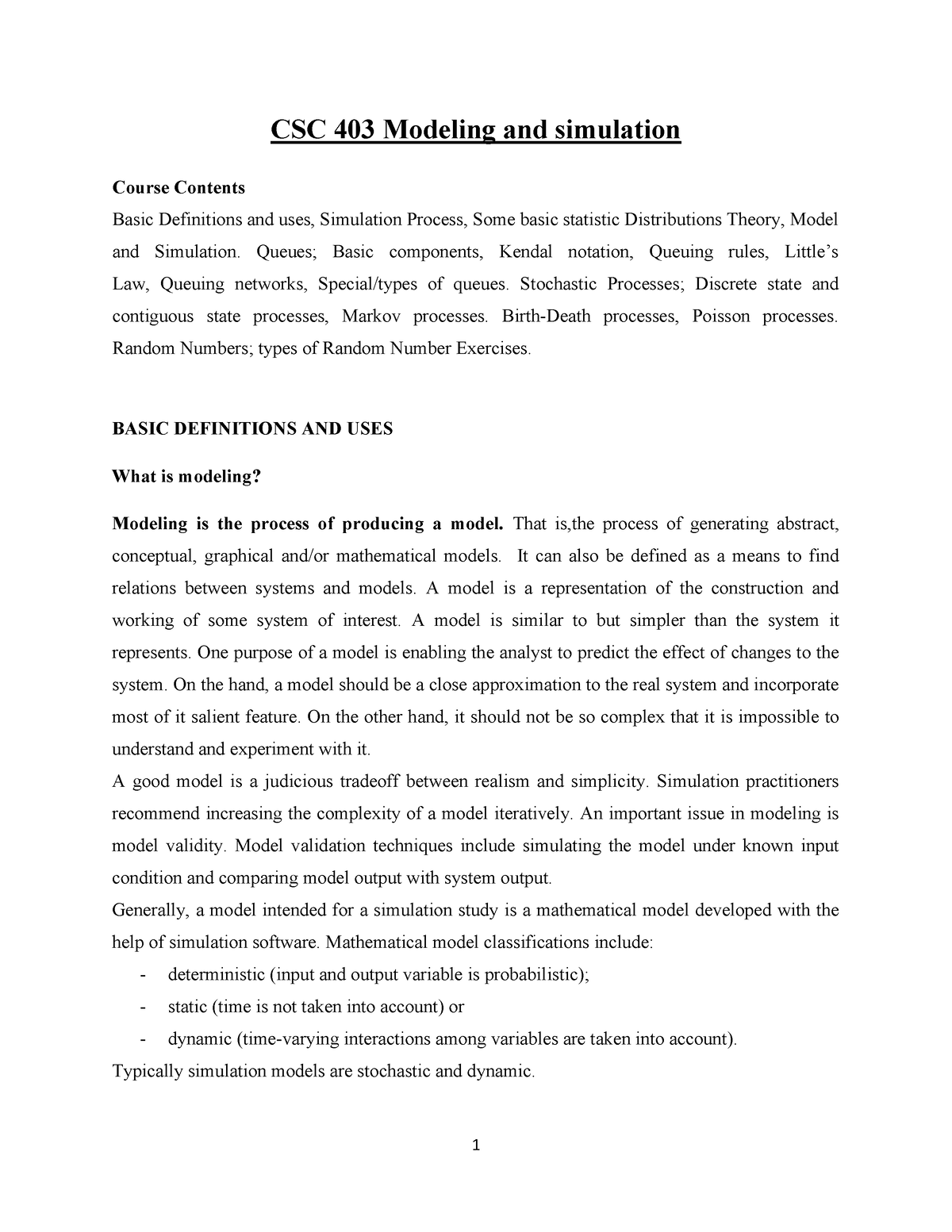 CSC 403 NOTE Mod and Simul 2223 - CSC 403 Modeling and simulation ...