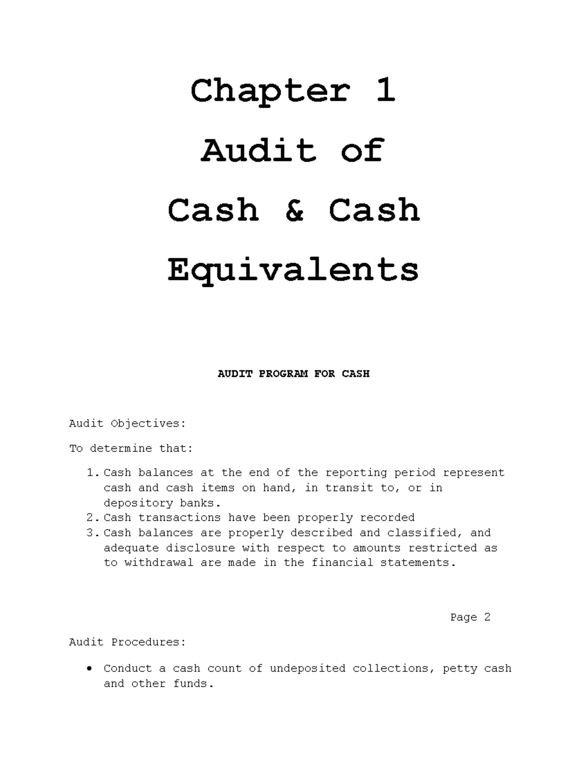 25797012 - good - Chapter 1 Audit of Cash & Cash Equivalents AUDIT ...