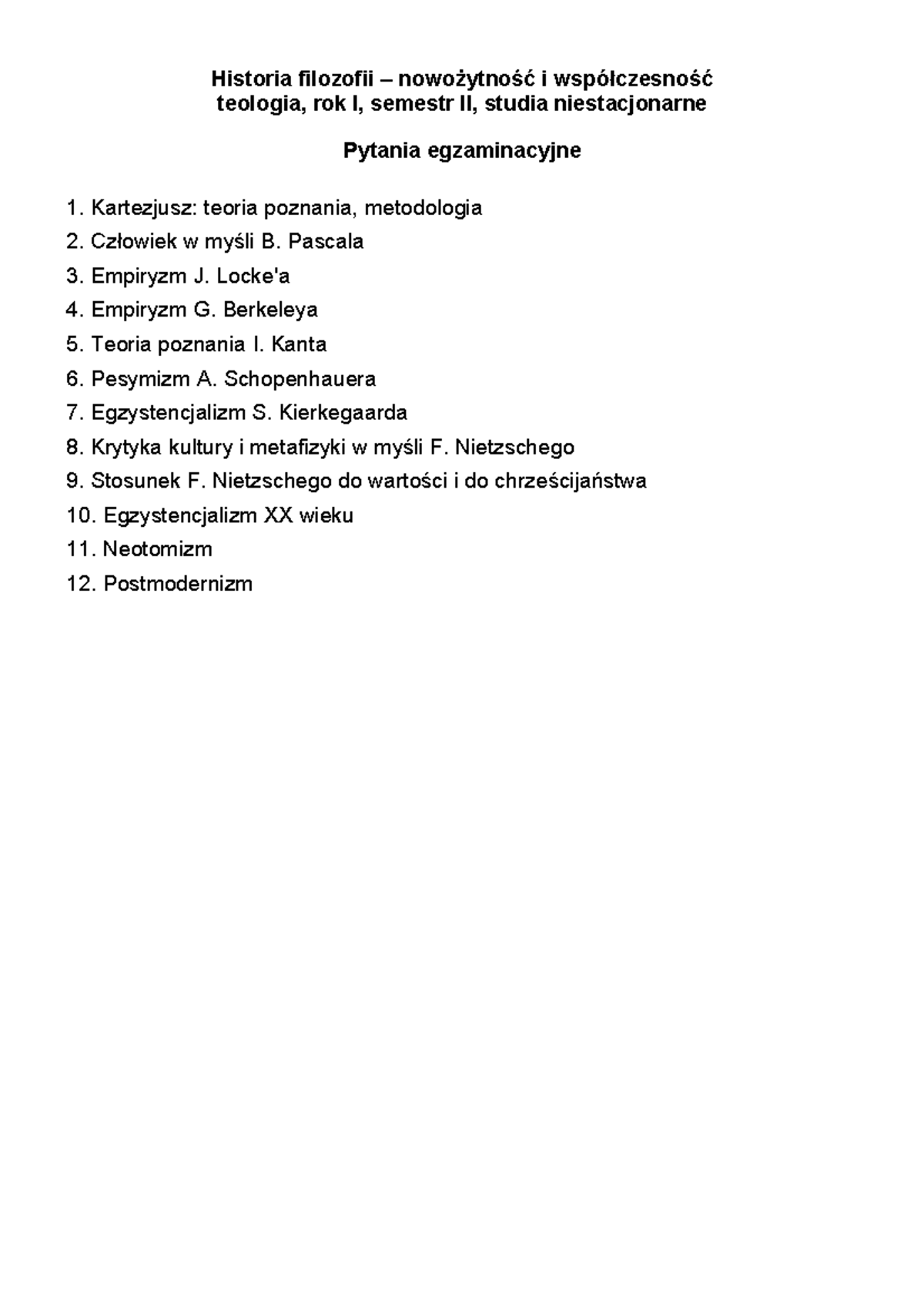 Pytania egzaminacyjne - Historia filozofii – nowożytność i