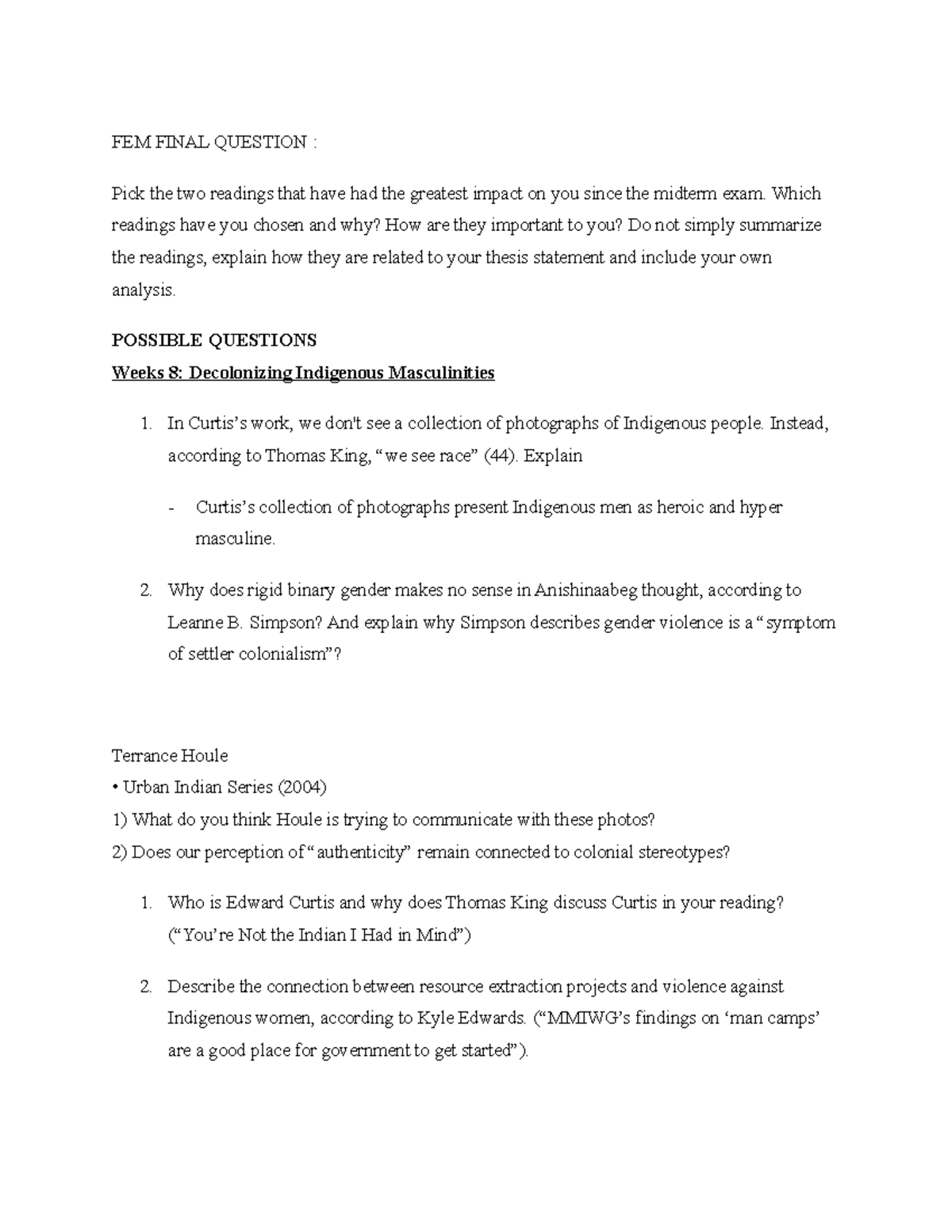 FEM Final Question - FEM FINAL QUESTION : Pick the two readings that ...