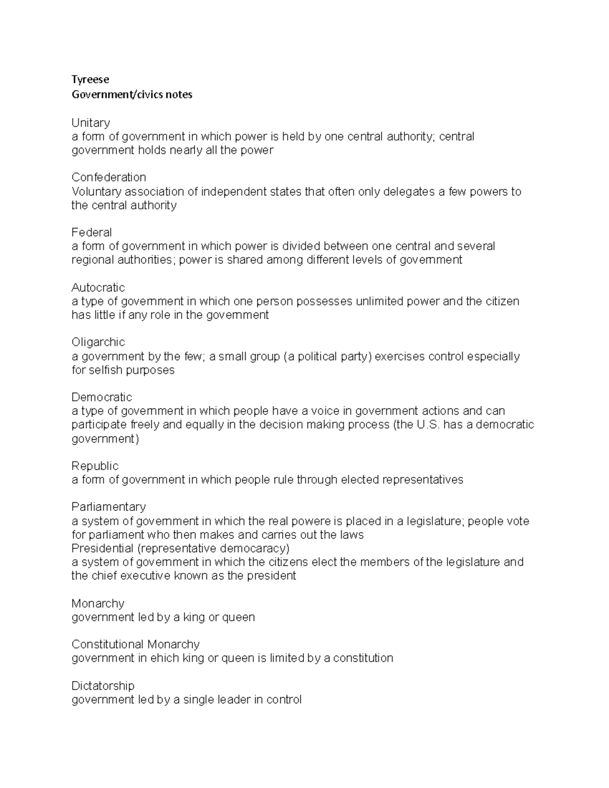 8 governmentcivics notes i took for the chapter Tyreese Government