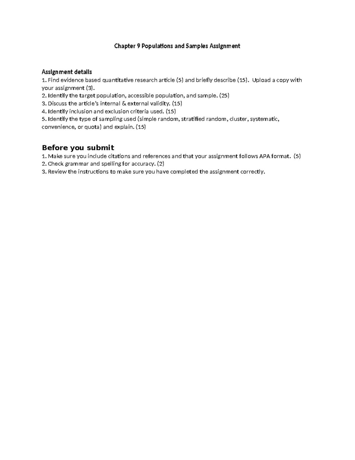 Assignment Chapter 9 instructions - Chapter 9 Populations and Samples ...