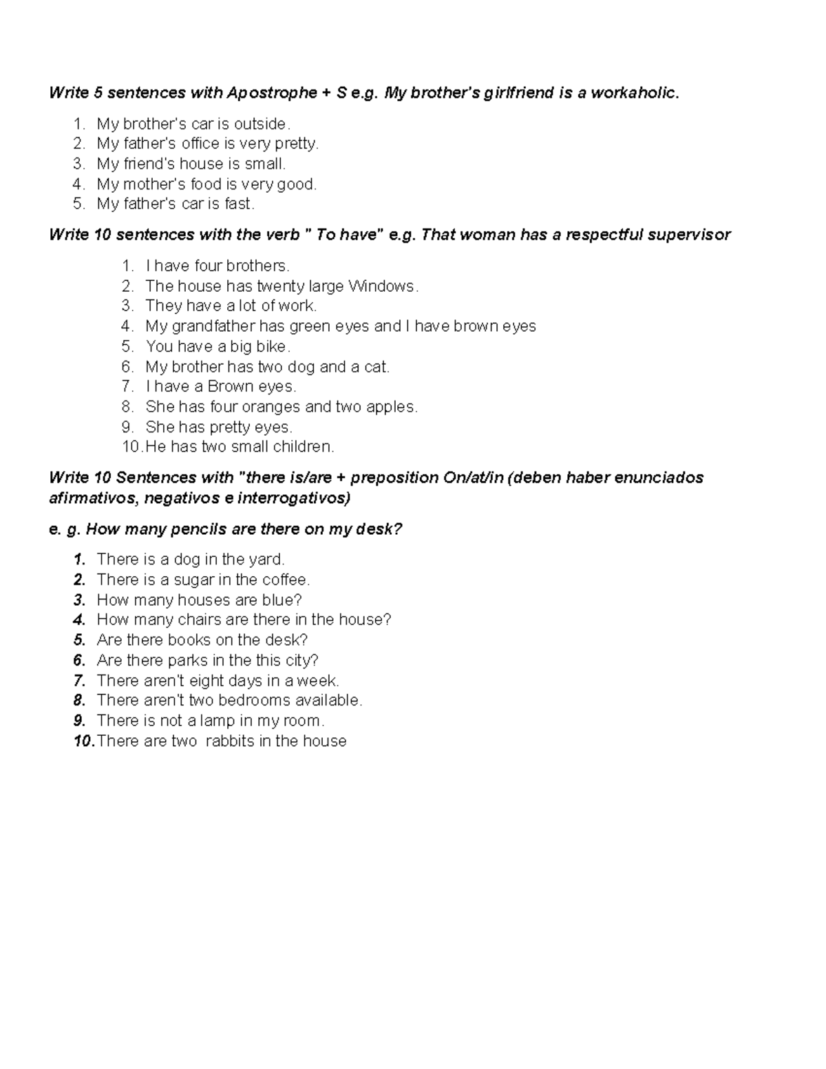 Idioma extranjero 23 .. Write 5 sentences with Apostrophe + S e