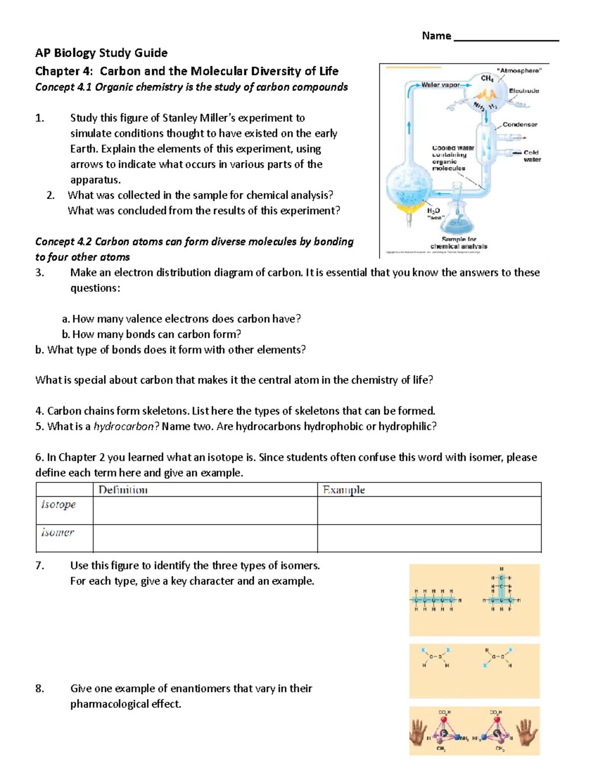 9th Grade AP Biology Study Guide Chapter 4 Carbon Chemistry - Name ...