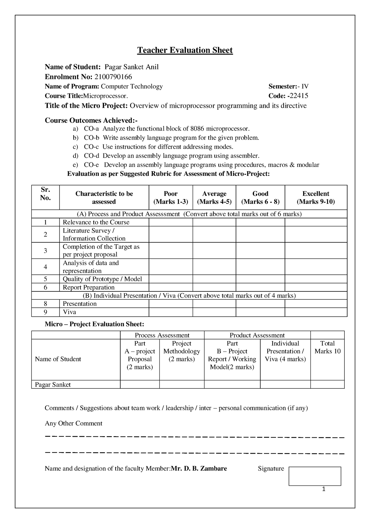 Sp mic - MICROPROCESSOR MICRO PROJECT - Teacher Evaluation Sheet Name ...