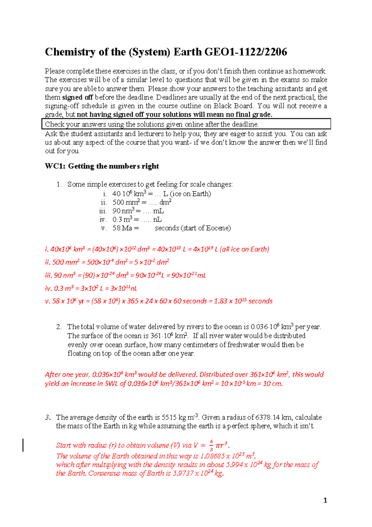 WC 1 antwoorden uitwerkingen werkcolleges Chemistry of the (System