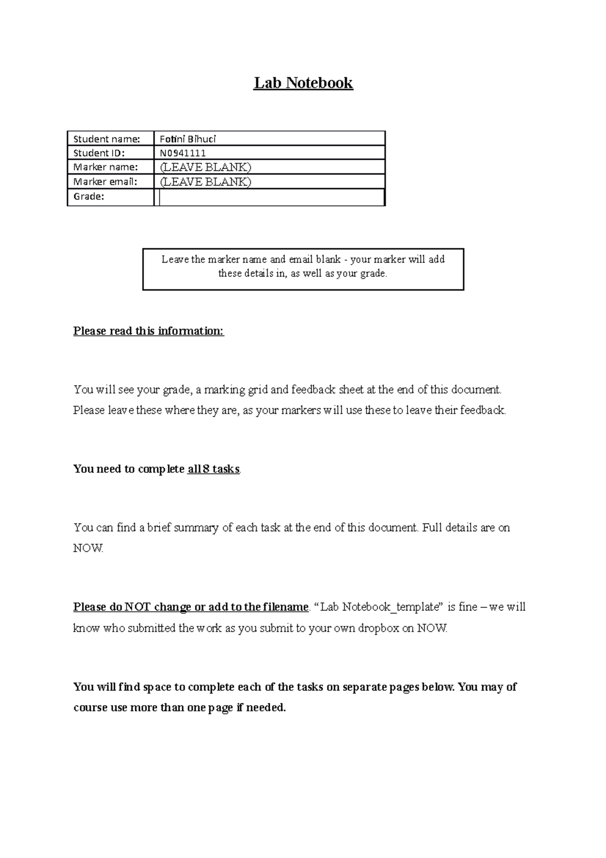 Lab Notebook template - Lab Notebook Student name: Fotini Bihuci ...
