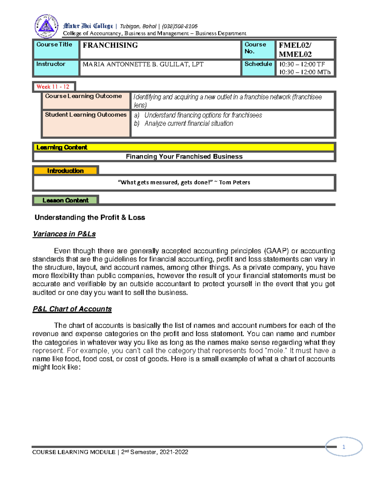 Week 11 -12 Learning Module - College of Accountancy, Business and ...