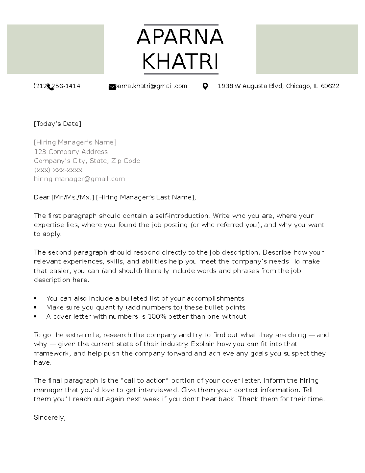 Notre Dame Creative Cover Letter Template Green APARNA KHATRI (212