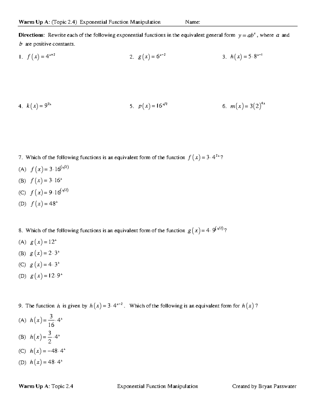 Warm Up A Topic 2 4 Exponential Function Manipulation Warm Up A