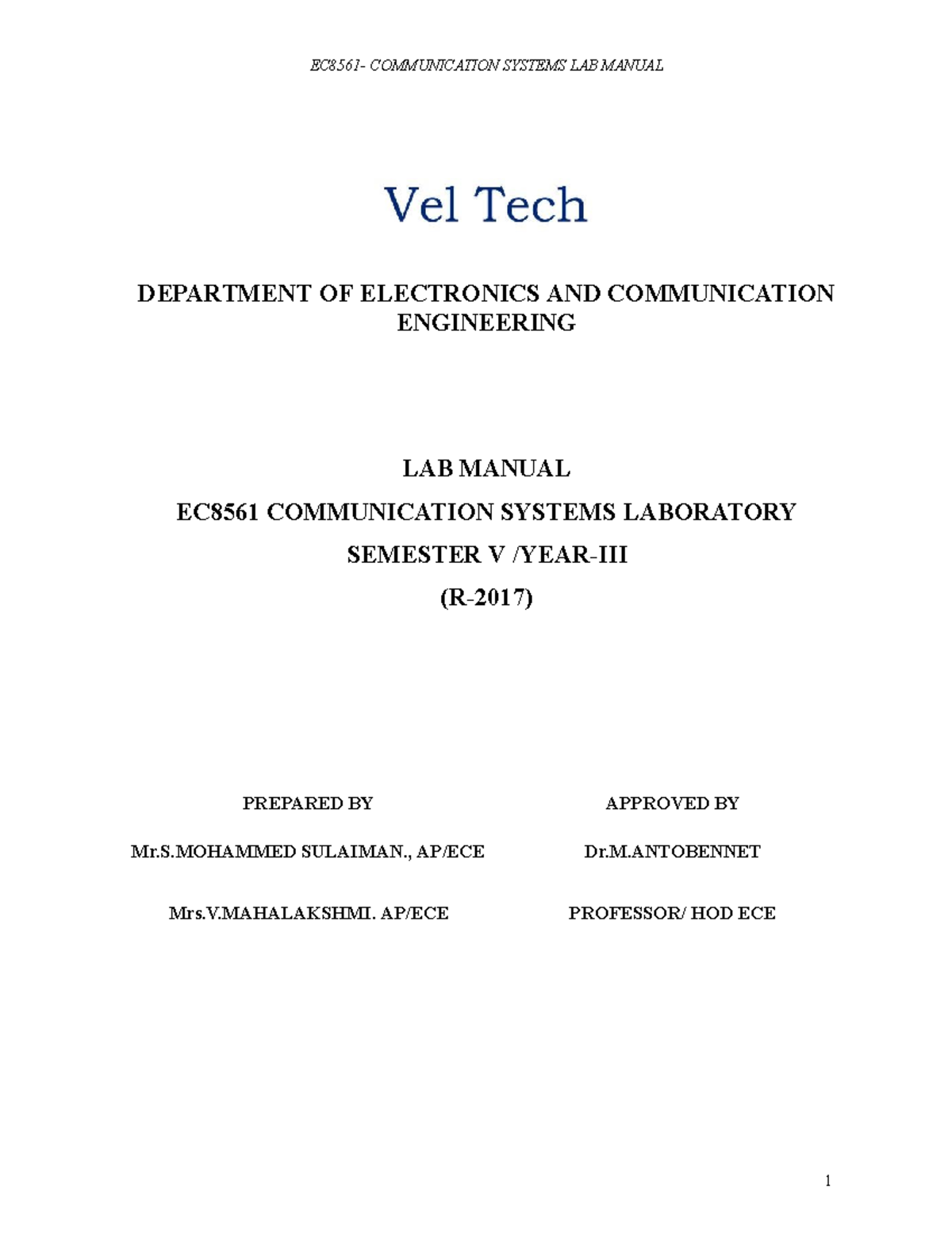 COMM SYS LAB Manual EC8561 COMMUNICATION SYSTEMS LAB MANUAL 1
