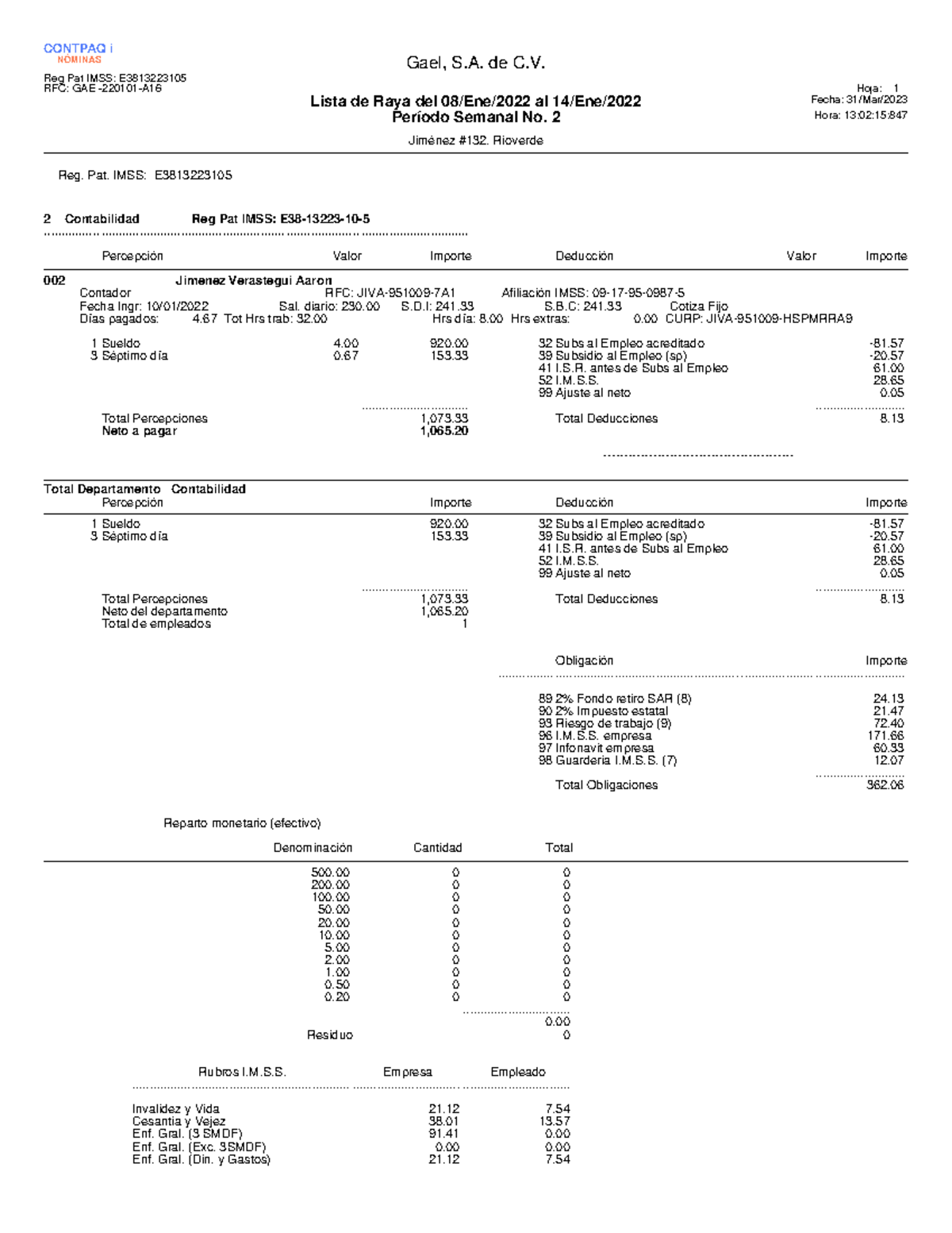 Lista de raya.pdf Sem 2 - CONTPAQ i NÓMINAS Gael, S. de C. Reg Pat IMSS ...