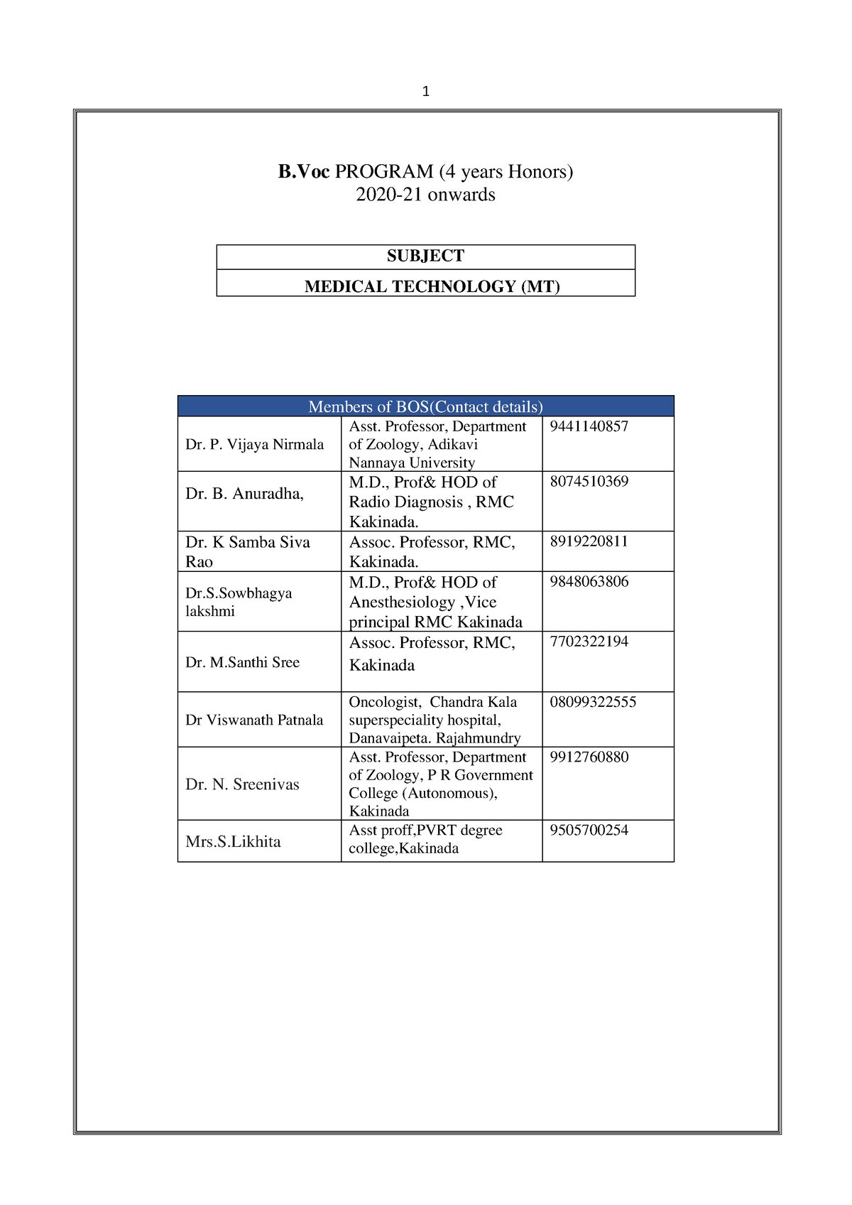 B Voc - Medical Technology - B PROGRAM (4 Years Honors) 2020-21 Onwards ...