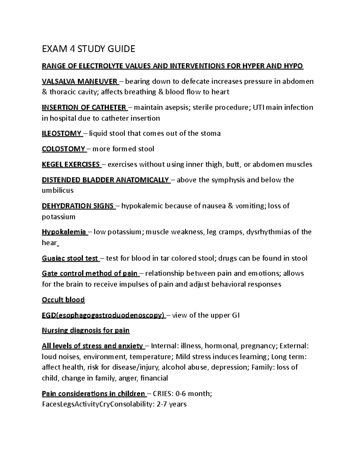 EXAM 4 Study Guide - EXAM 4 STUDY GUIDE RANGE OF ELECTROLYTE VALUES AND ...