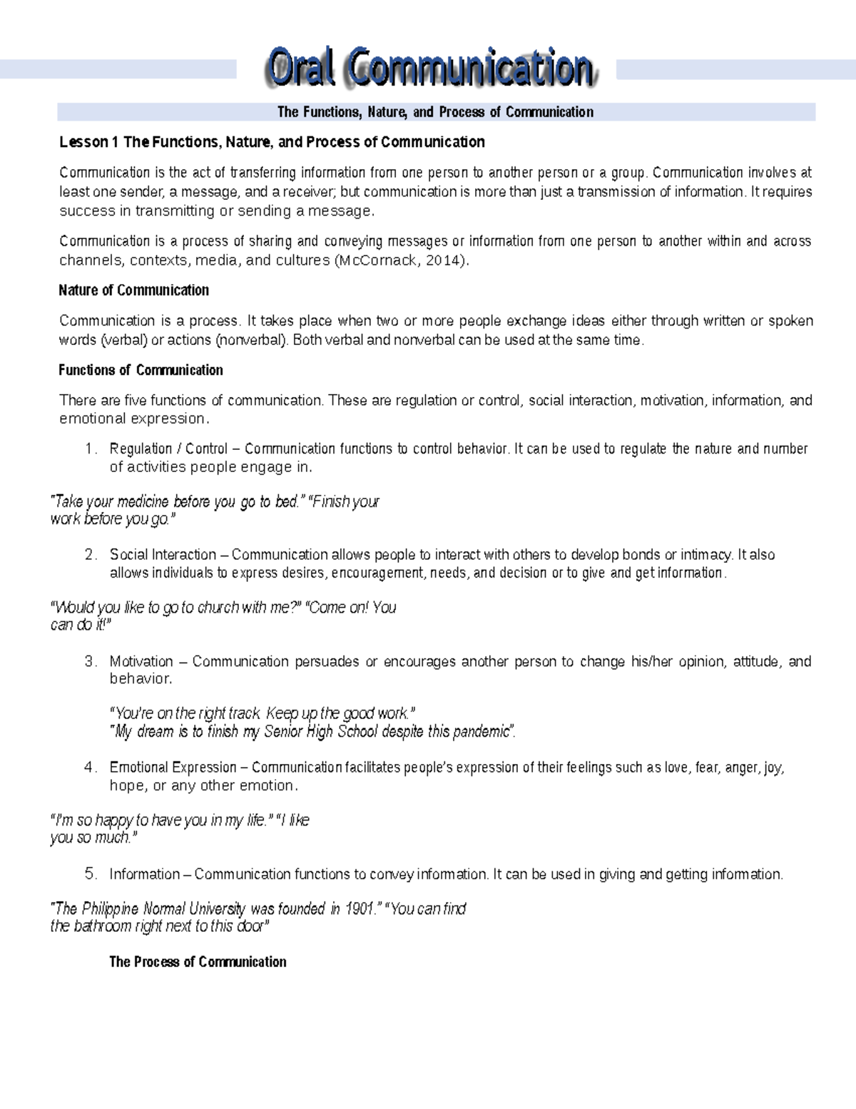 Oral Communication - notes - OralOral CommunicationCommunication The ...