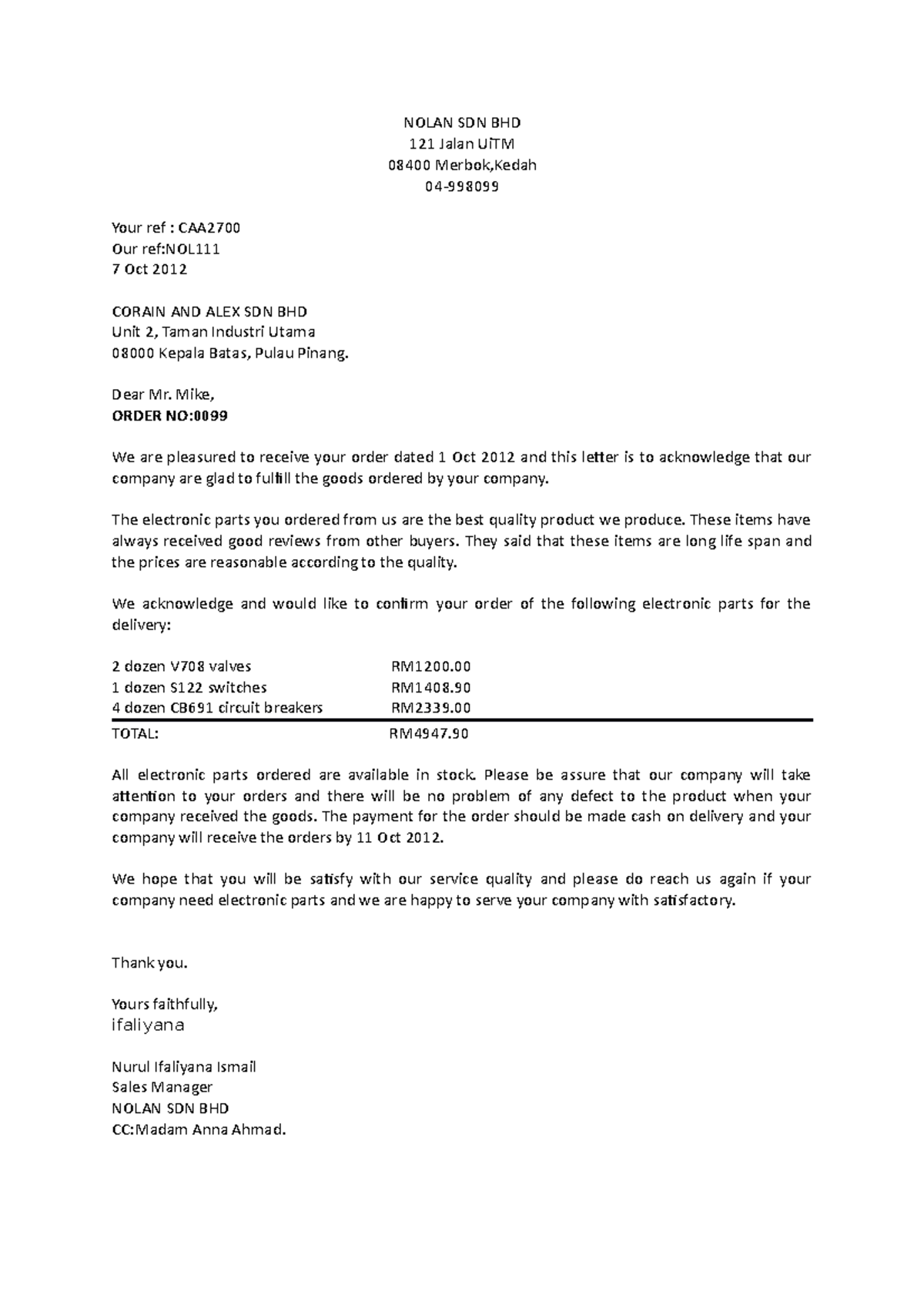 Letter Nolan SDN BHD - EXERCISE - NOLAN SDN BHD 121 Jalan UiTM 08400 ...