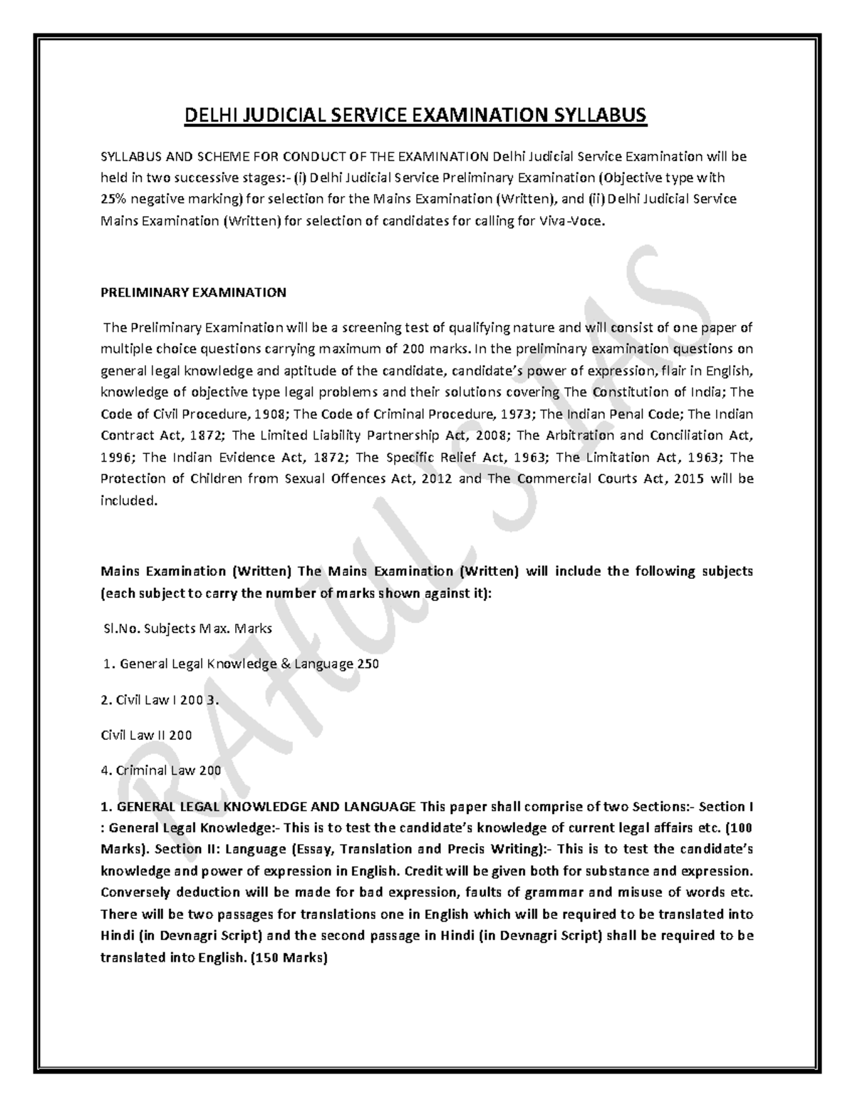 DJS Syllabus lAW DELHI JUDICIAL SERVICE EXAMINATION SYLLABUS SYLLABUS AND SCHEME FOR