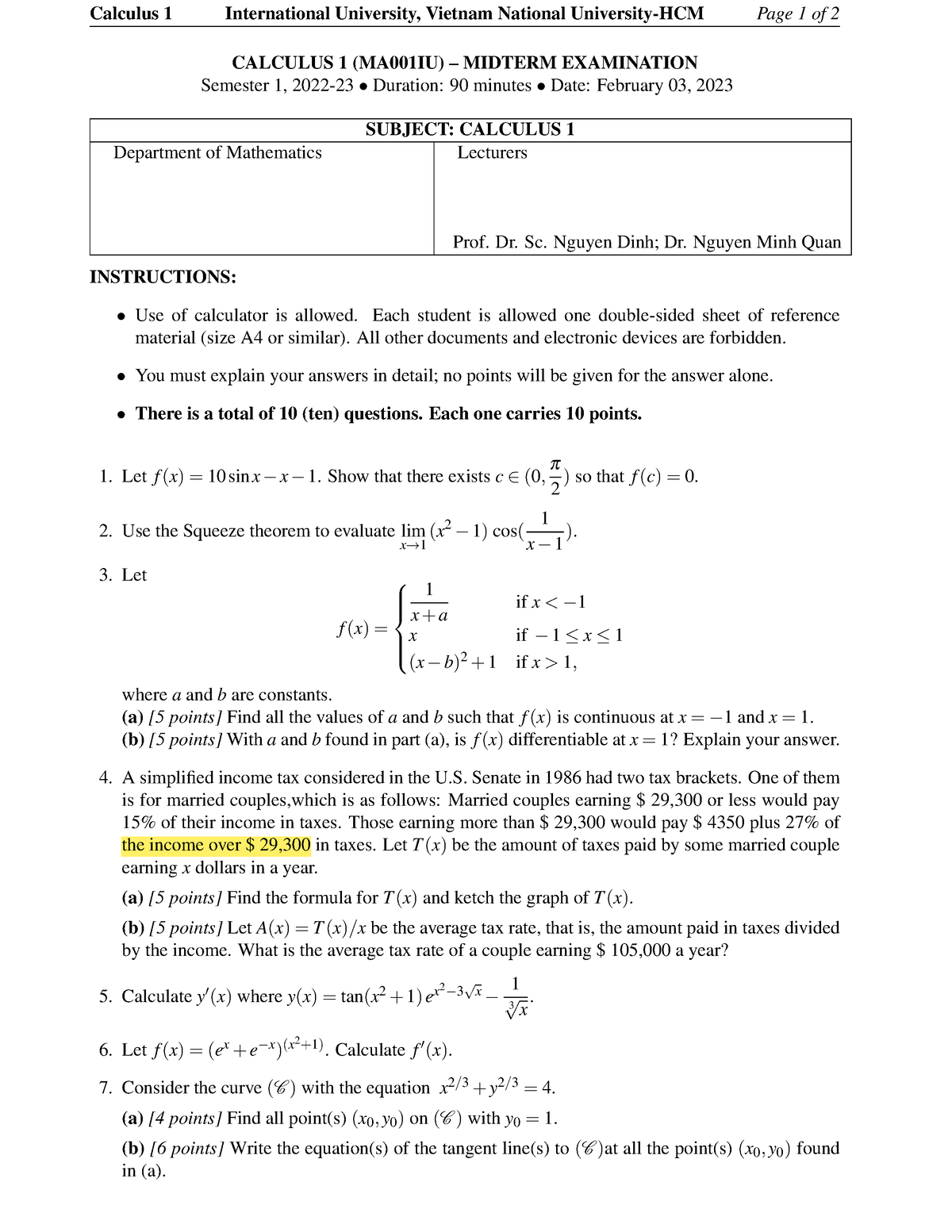 Cal1 Midterm S1 2022 23 Questions only - Calculus 1 International ...