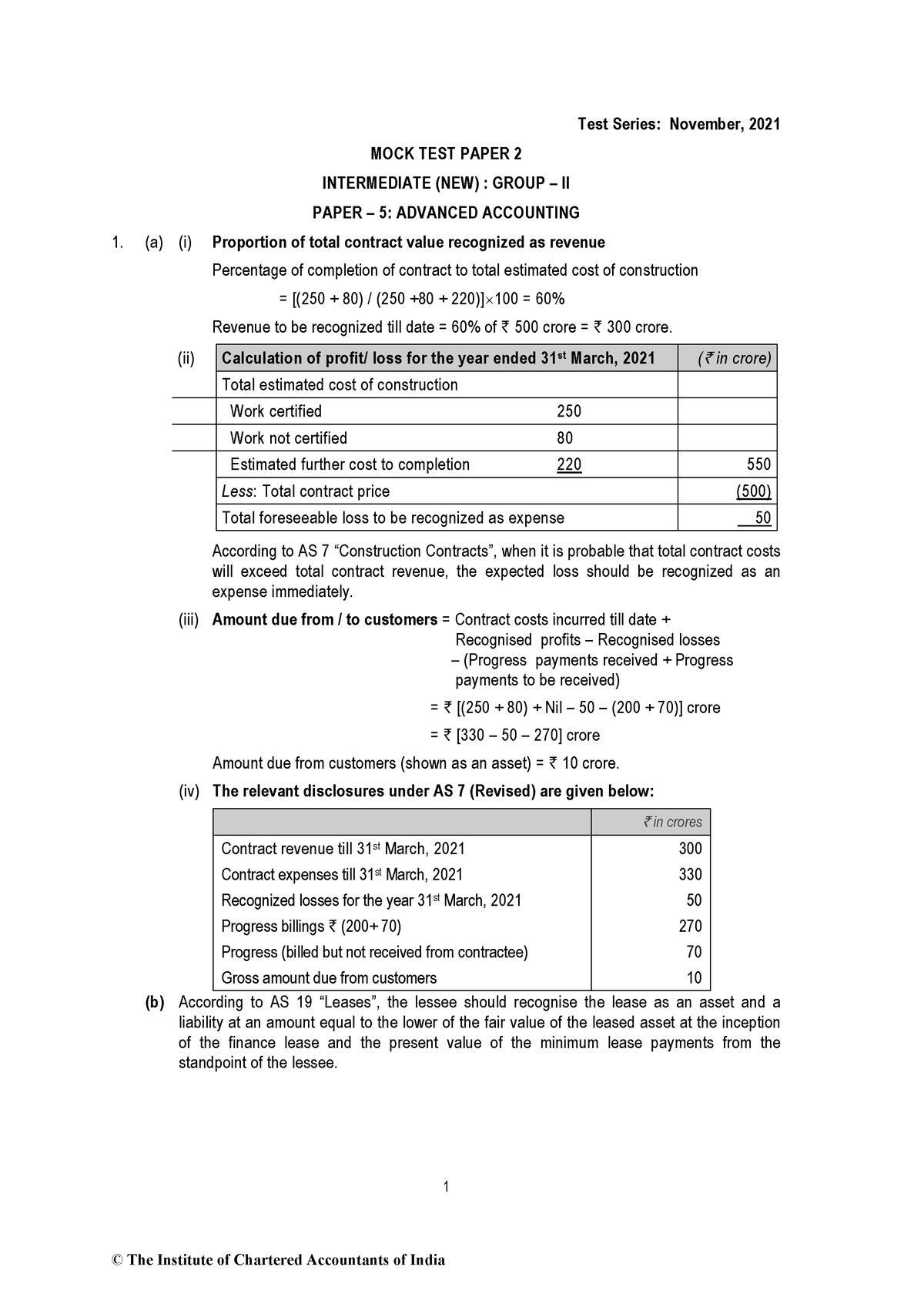 MTP 2 Ans ADVANCE ACC 1 Test Series November, 2021 MOCK TEST PAPER