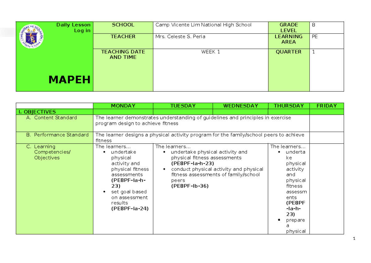 477467982 Q1 Grade 8 PE DLL Week 1 - Daily Lesson Log in MAPEH SCHOOL ...