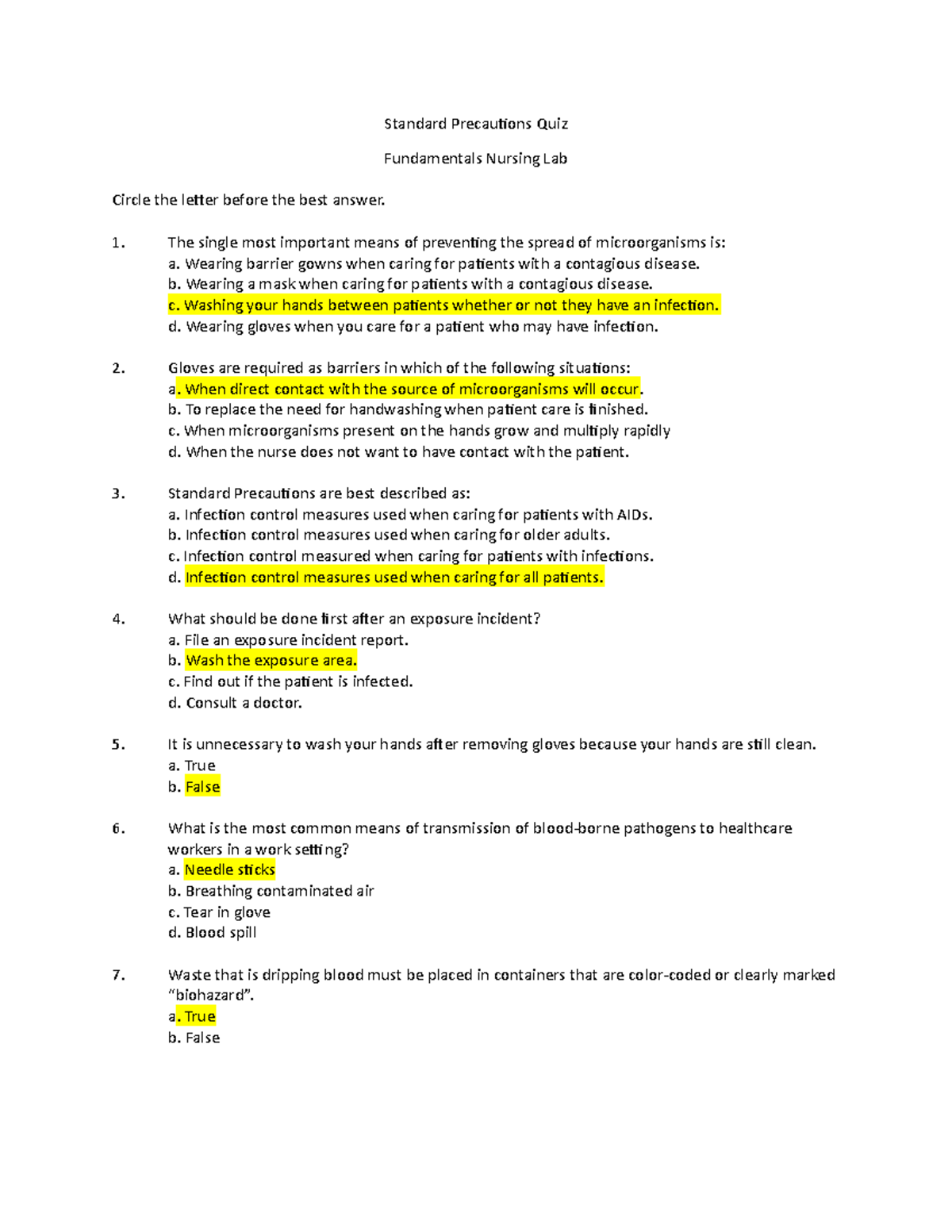 Standard Precautions Quiz Standard Precautions Quiz Fundamentals