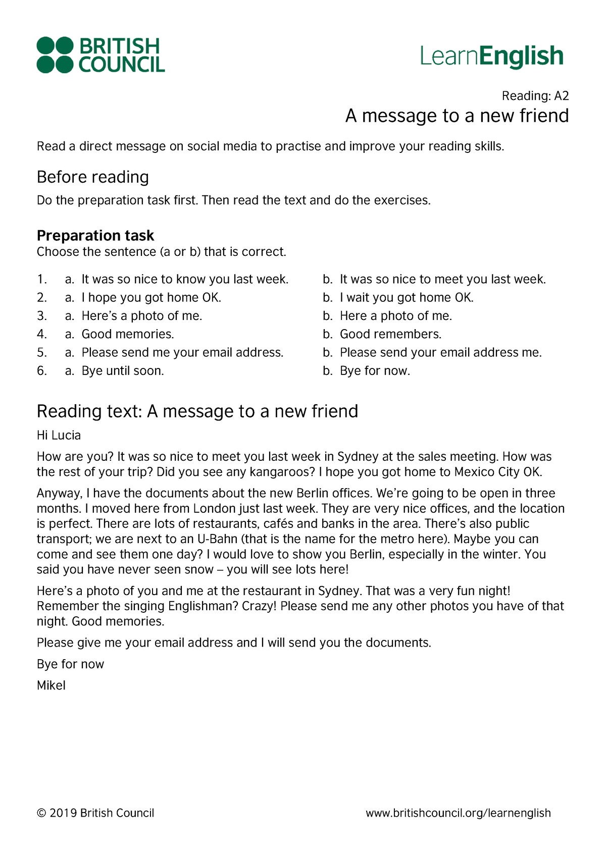 learn-english-reading-a2-a-message-to-a-new-friend-2019-british