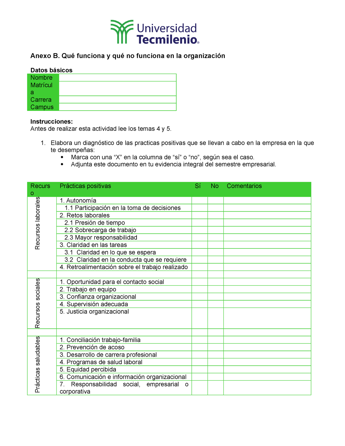 Anexo B. Que Funciona Y Que No Funciona En La Organizacion - Anexo B ...