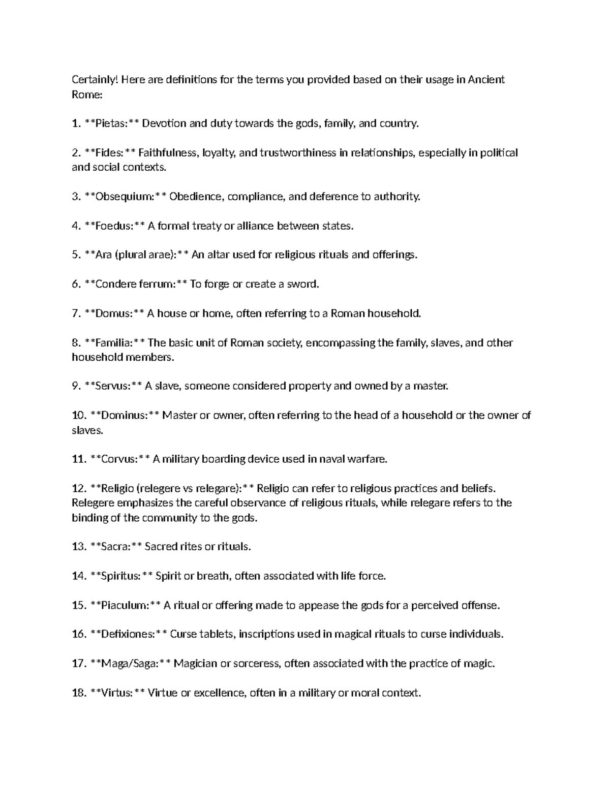 Rome study - Key words for final - Certainly! Here are definitions for ...