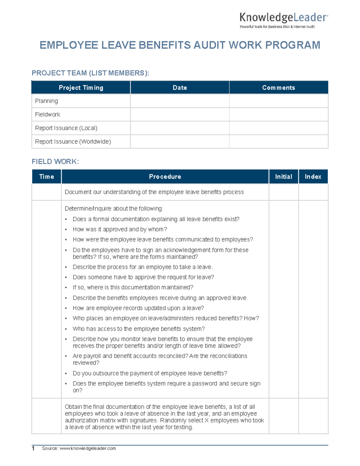 Employee Leave Benefits Audit Work Program Employee Leave Benefits