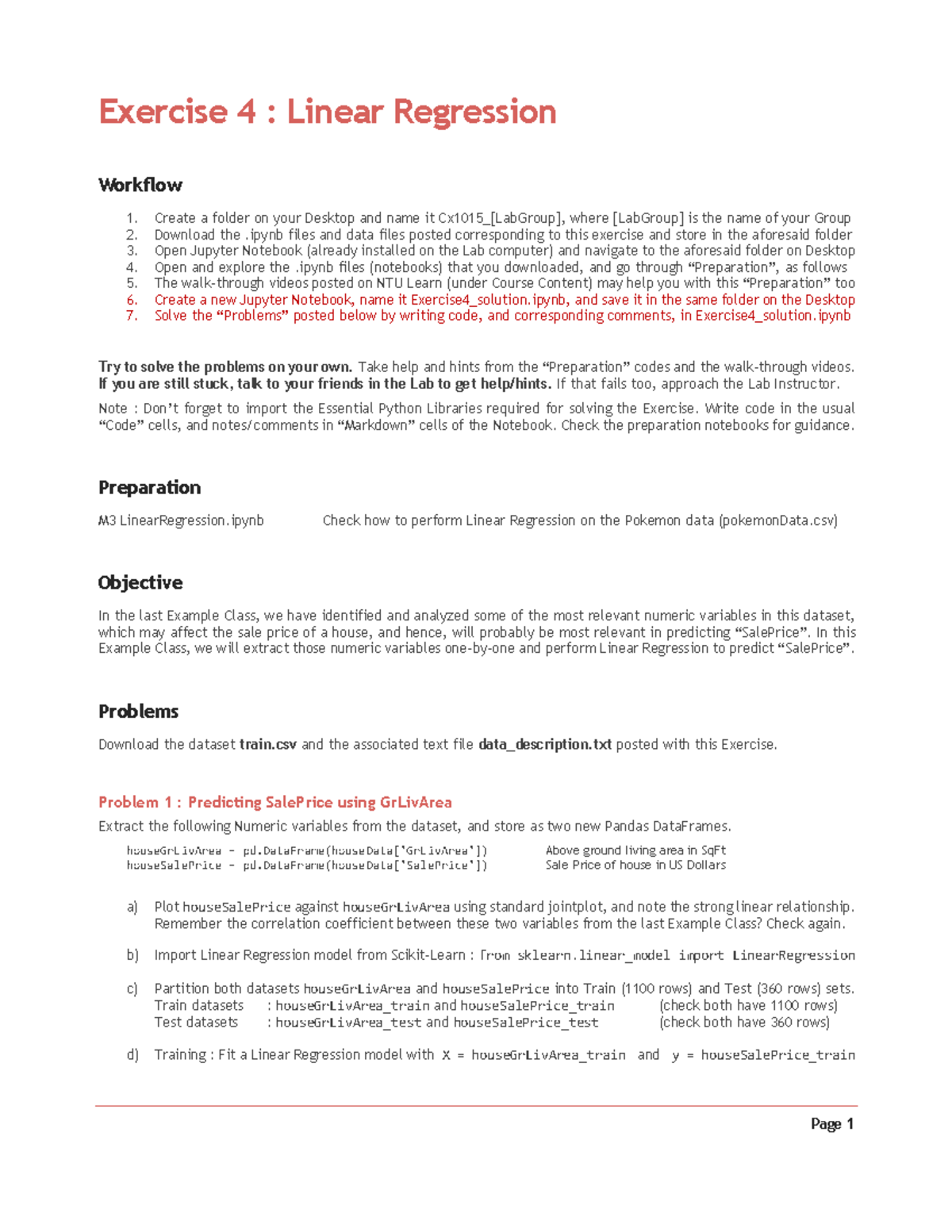 Exercise 4 Problem - 2222 - Page 1 Exercise 4 : Linear Regression ...