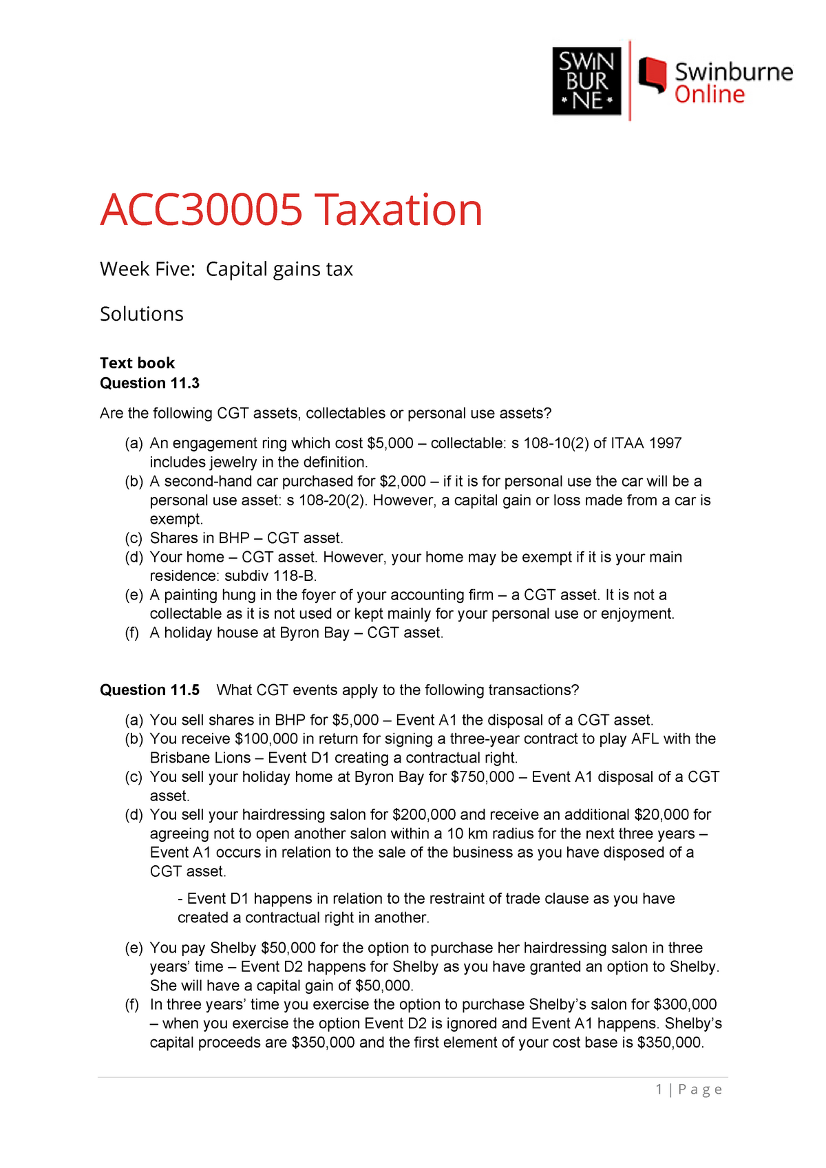 Week 5 Solutions - Tut - 1 | Page ACC30005 Taxation Week Five: Capital ...