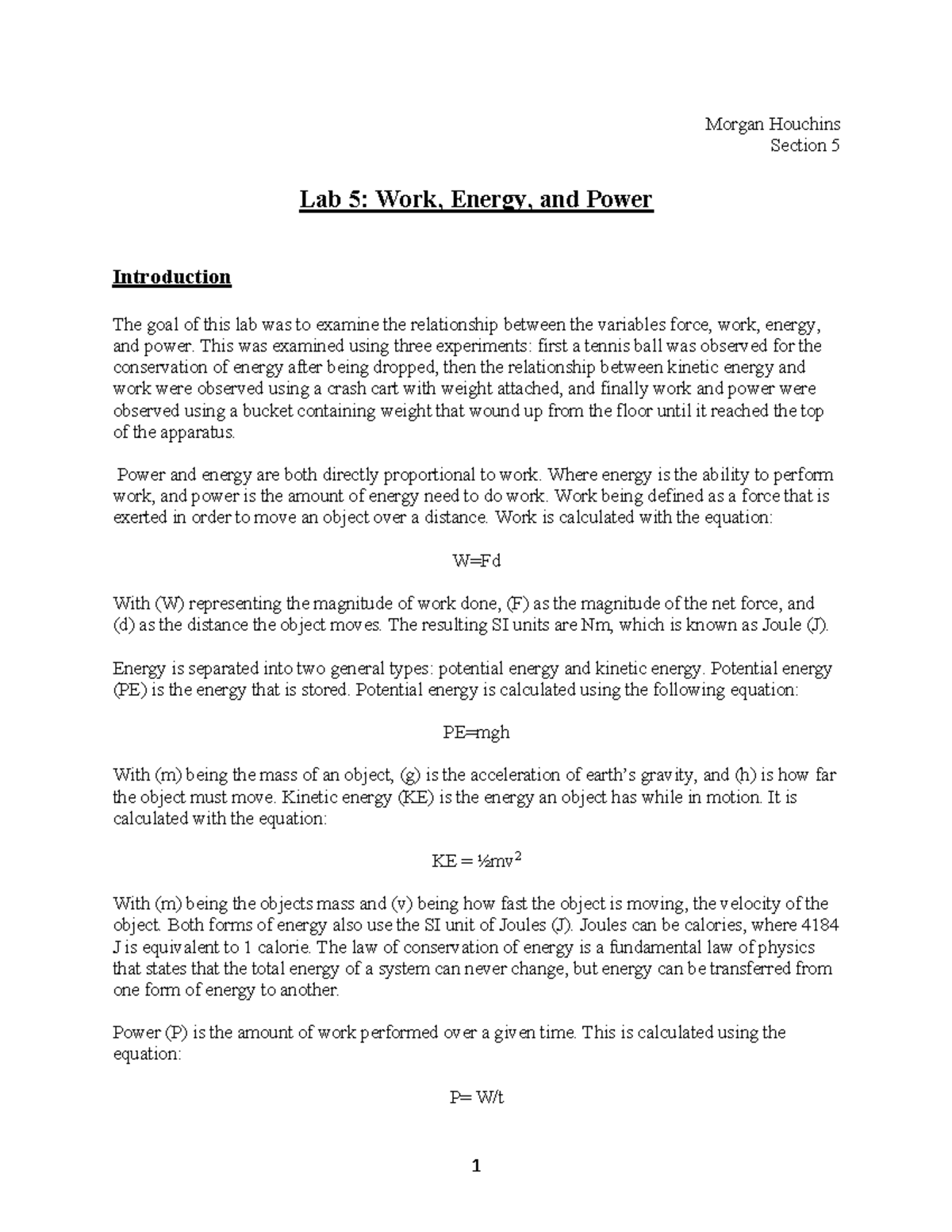 Lab 5-Lab Report (physics) - Morgan Houchins Section 5 Lab 5: Work ...