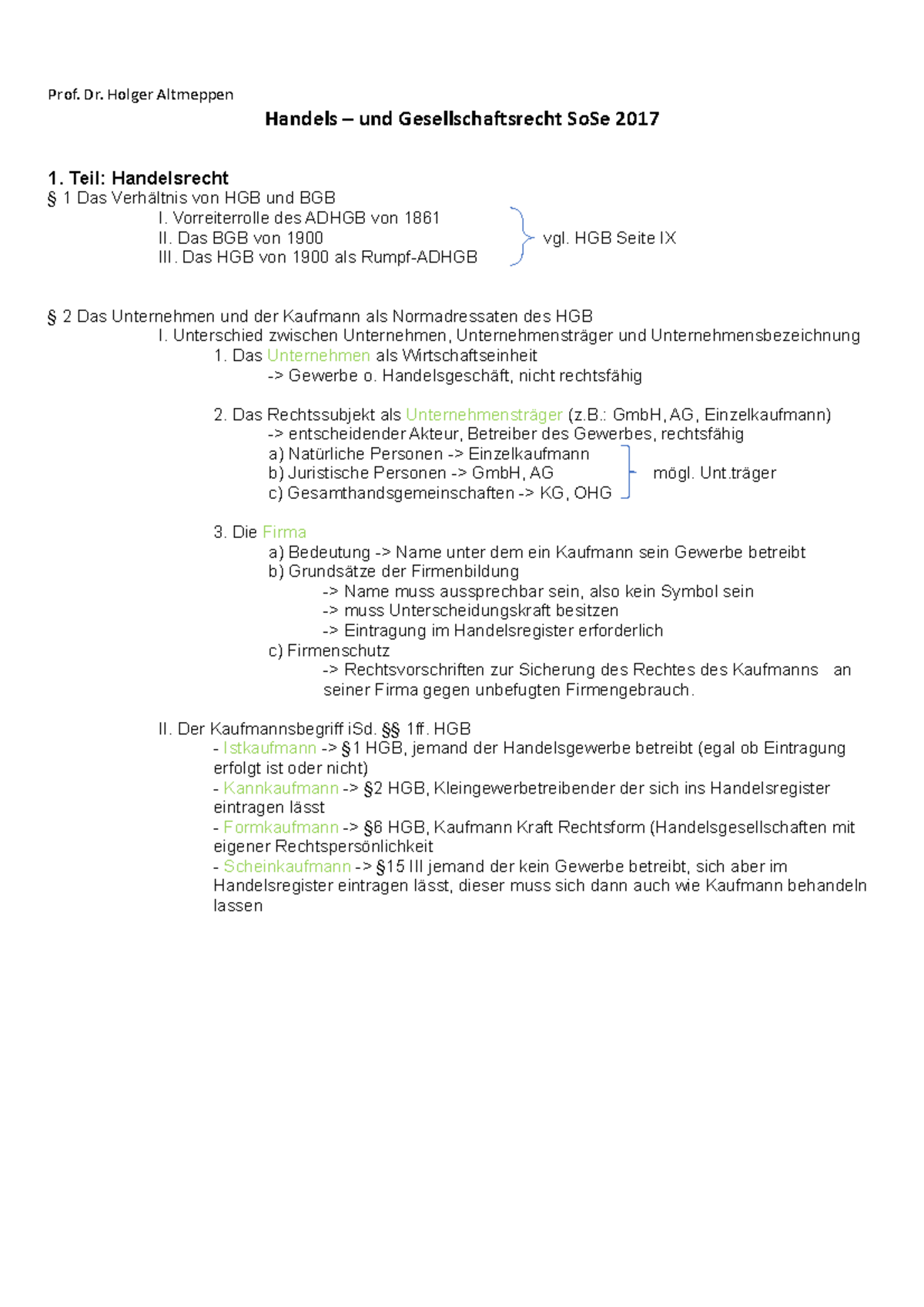 § 1 Und 2 Zusammenfassung So Se 17 - Prof. Dr. Holger Altmeppen Handels ...