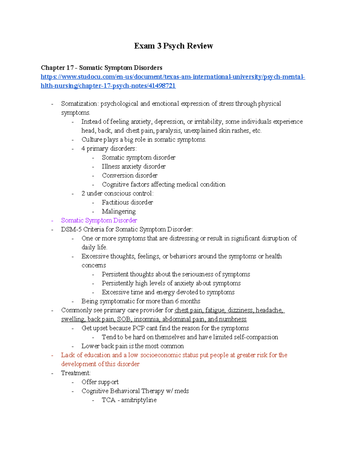Psych Exam 3 - Exam 3 Psych Review Chapter 17 - Somatic Symptom ...