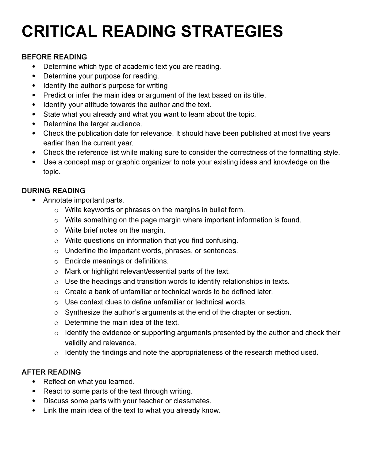 Critical Reading Strategies CRITICAL READING STRATEGIES BEFORE 