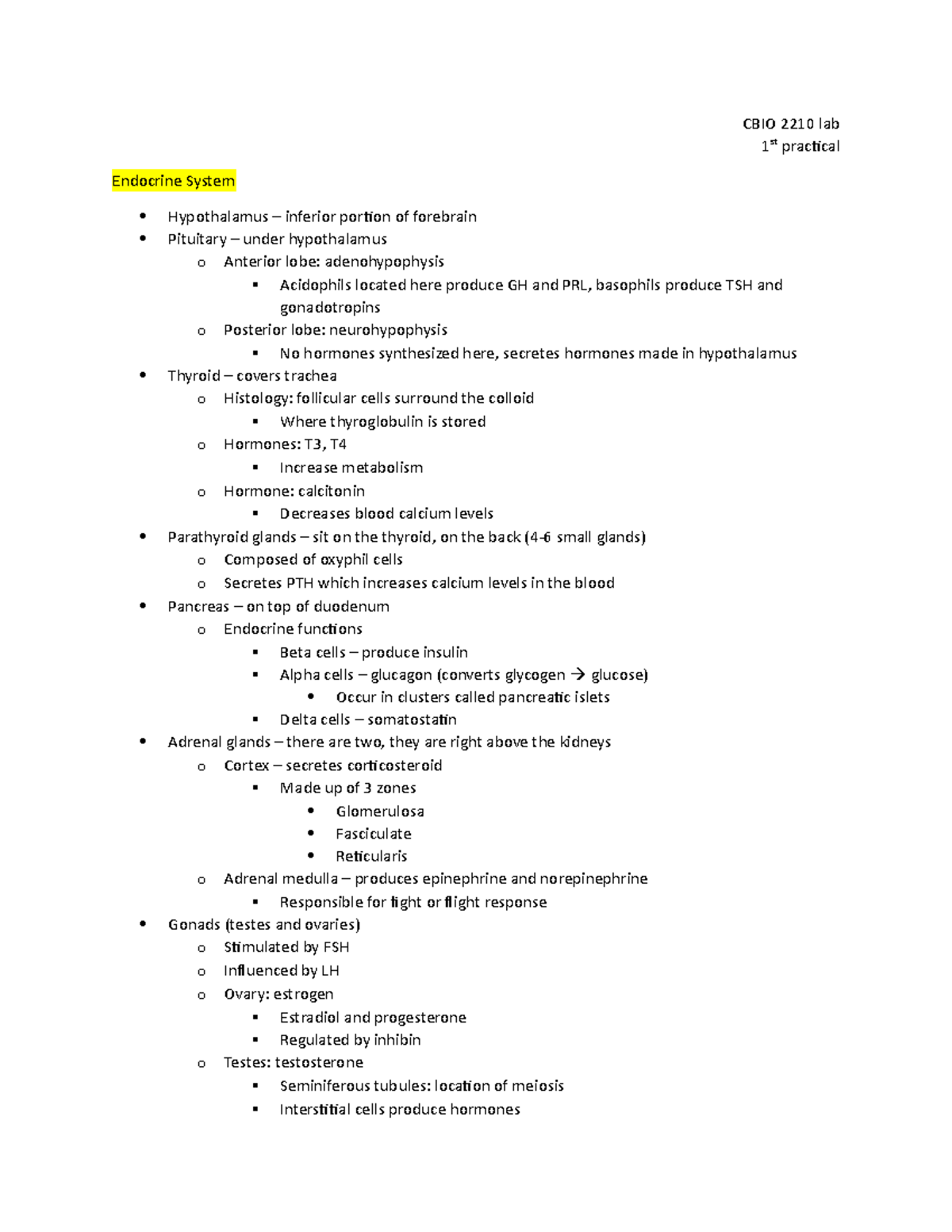 Lab Practical 1 Notes - CBIO 2210 lab 1st practical Endocrine System ...