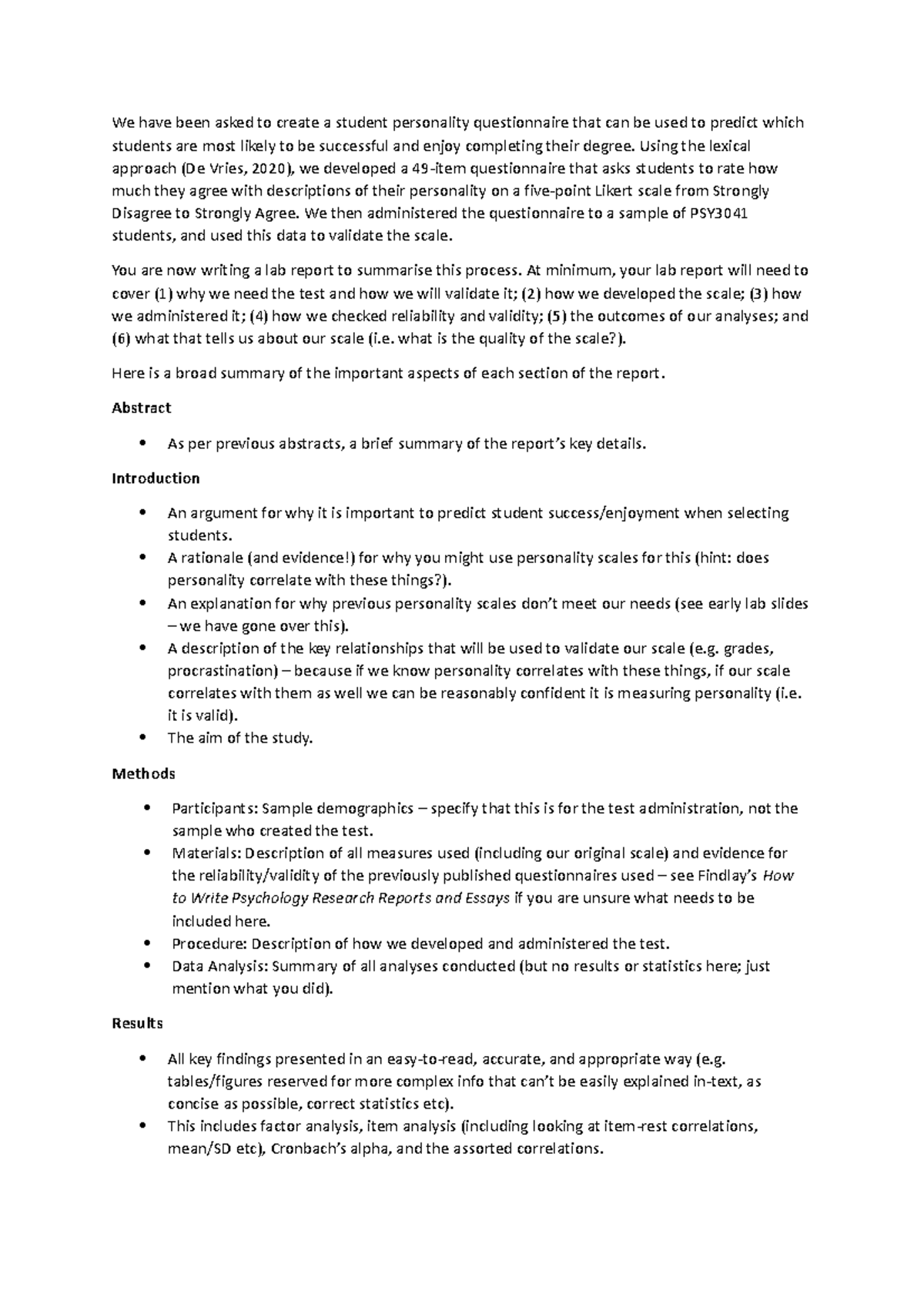 PSY3041 Lab Report Cheat Sheet - We have been asked to create a student ...