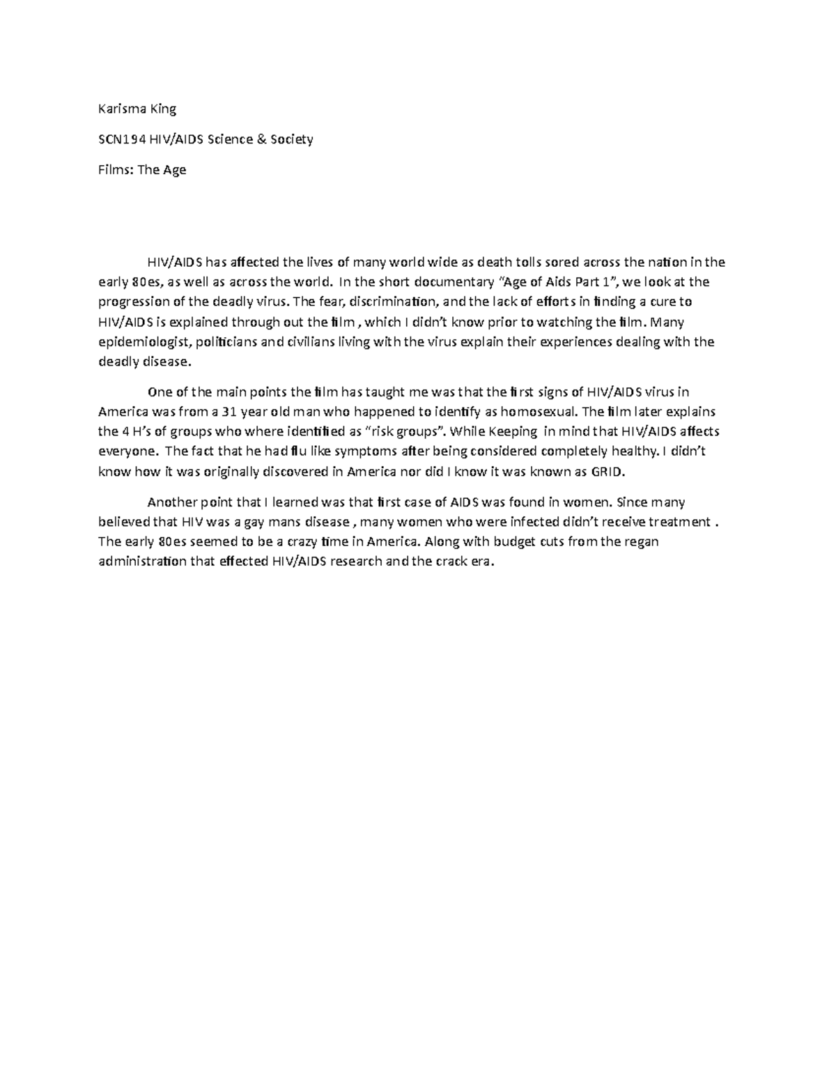 HIV AIDS 1 - READING RESPONSES - Karisma King SCN194 HIV/AIDS Science ...