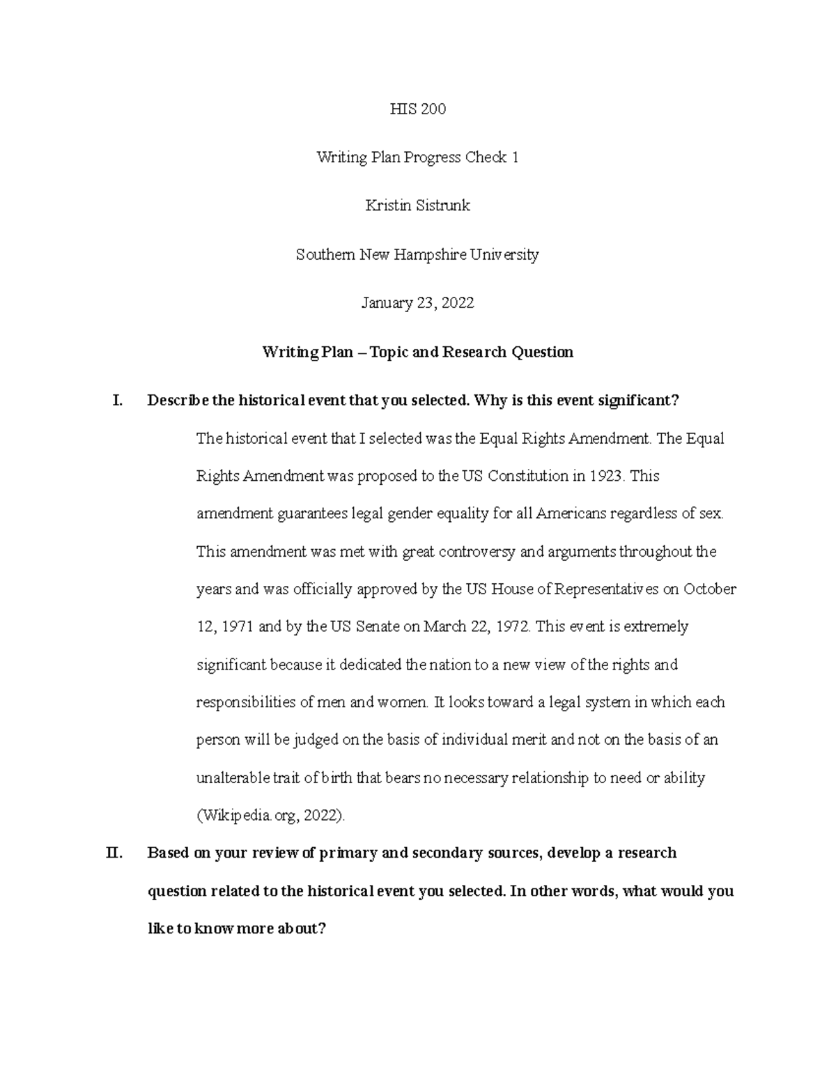HIS 200 Writing Plan Progress Check 1 - Describe the historical event ...