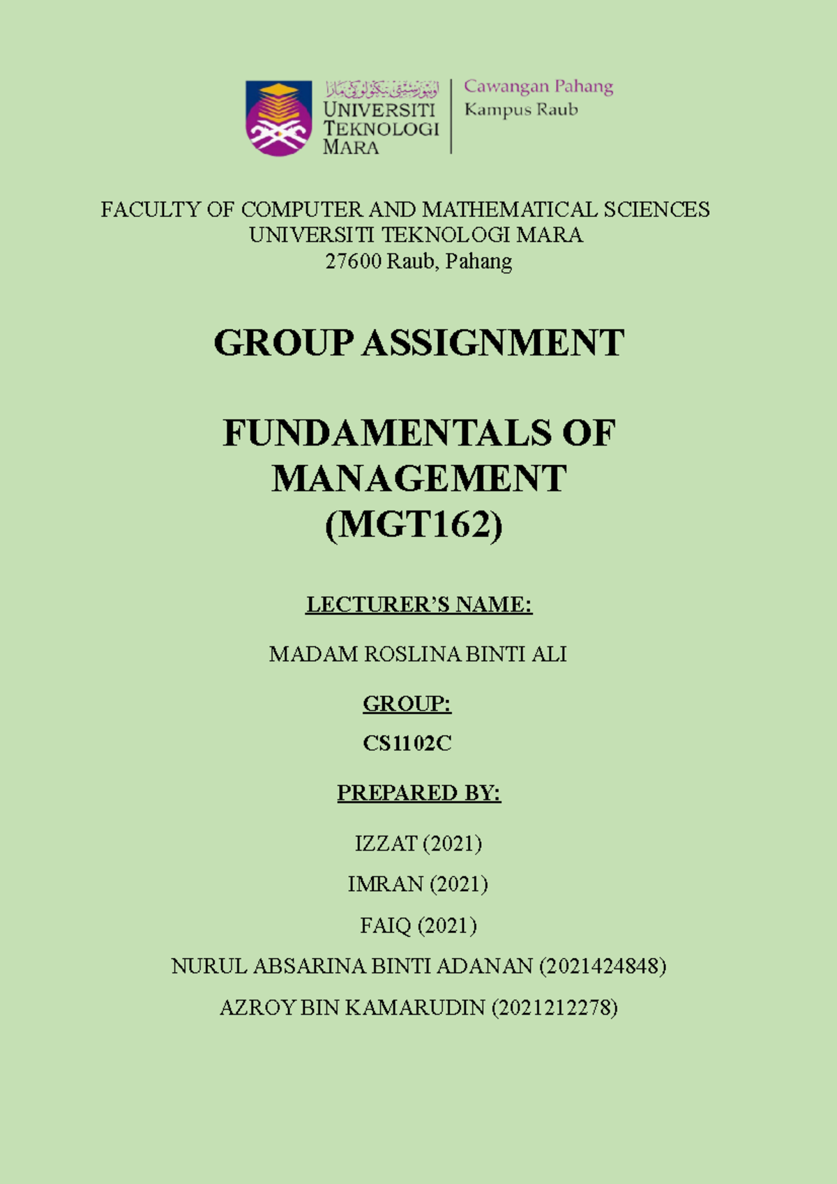 mgt162 group assignment organizing