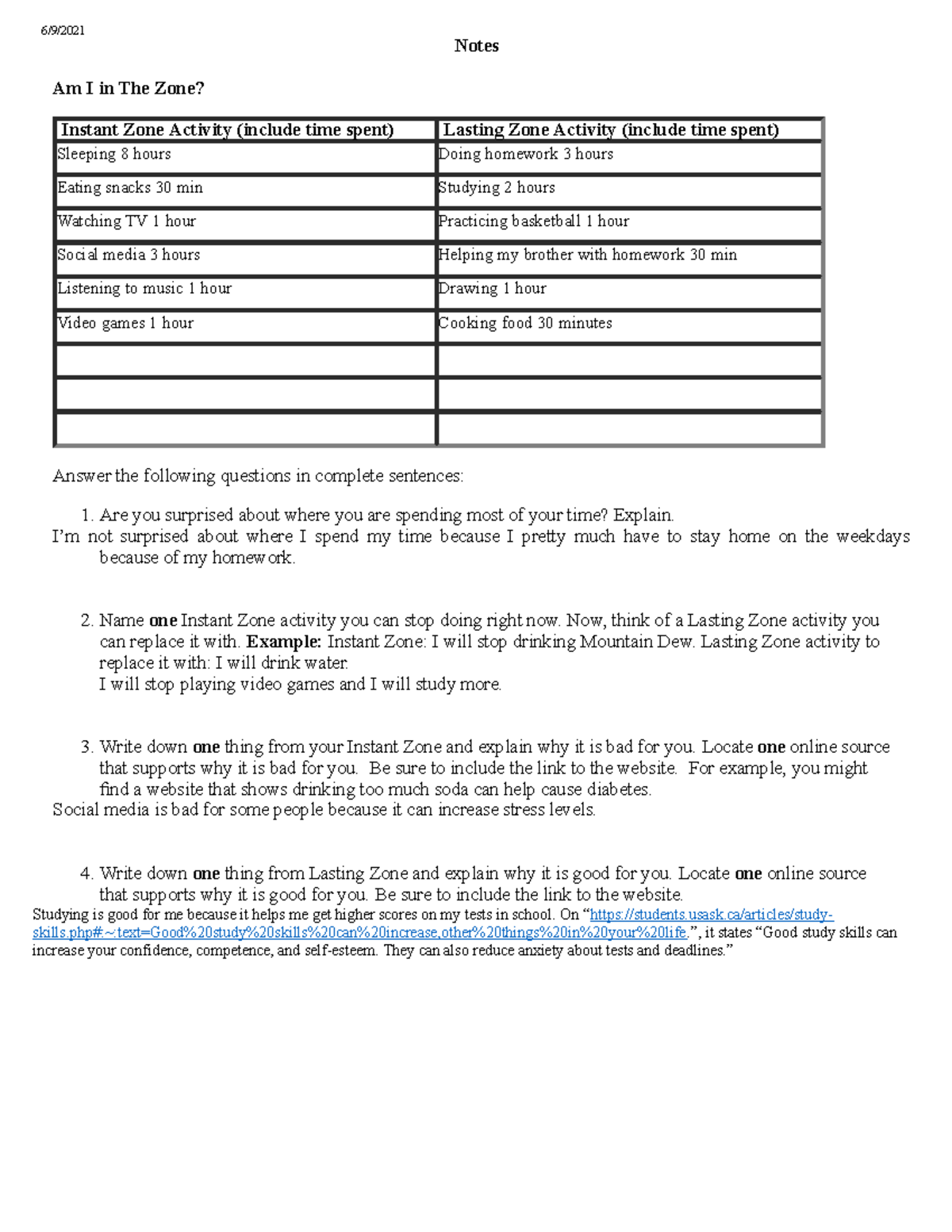 Chart (1) qwe 6/9/ Notes Am I in The Zone? Instant Zone Activity