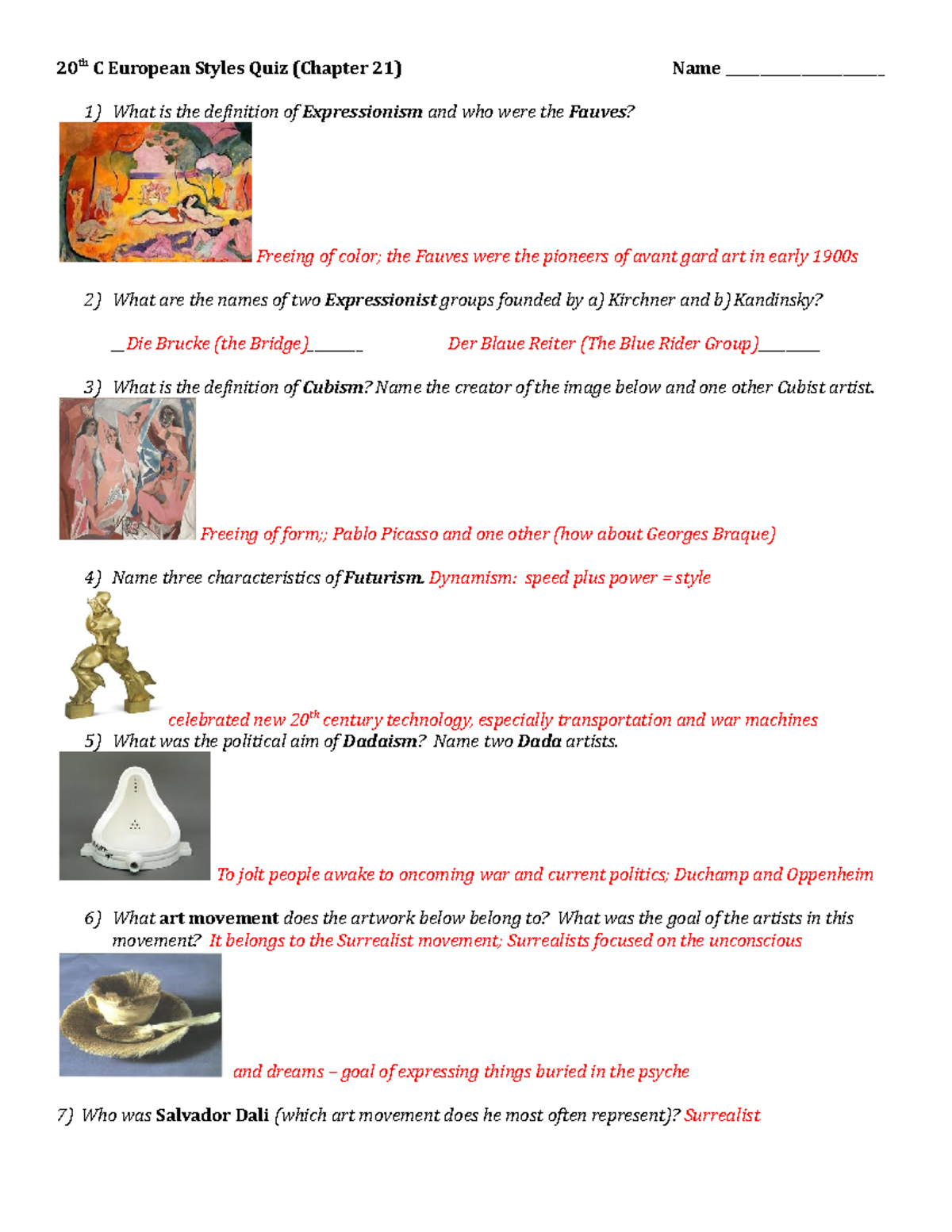 20th C European Art Movements answers Quiz 20 th C European Styles